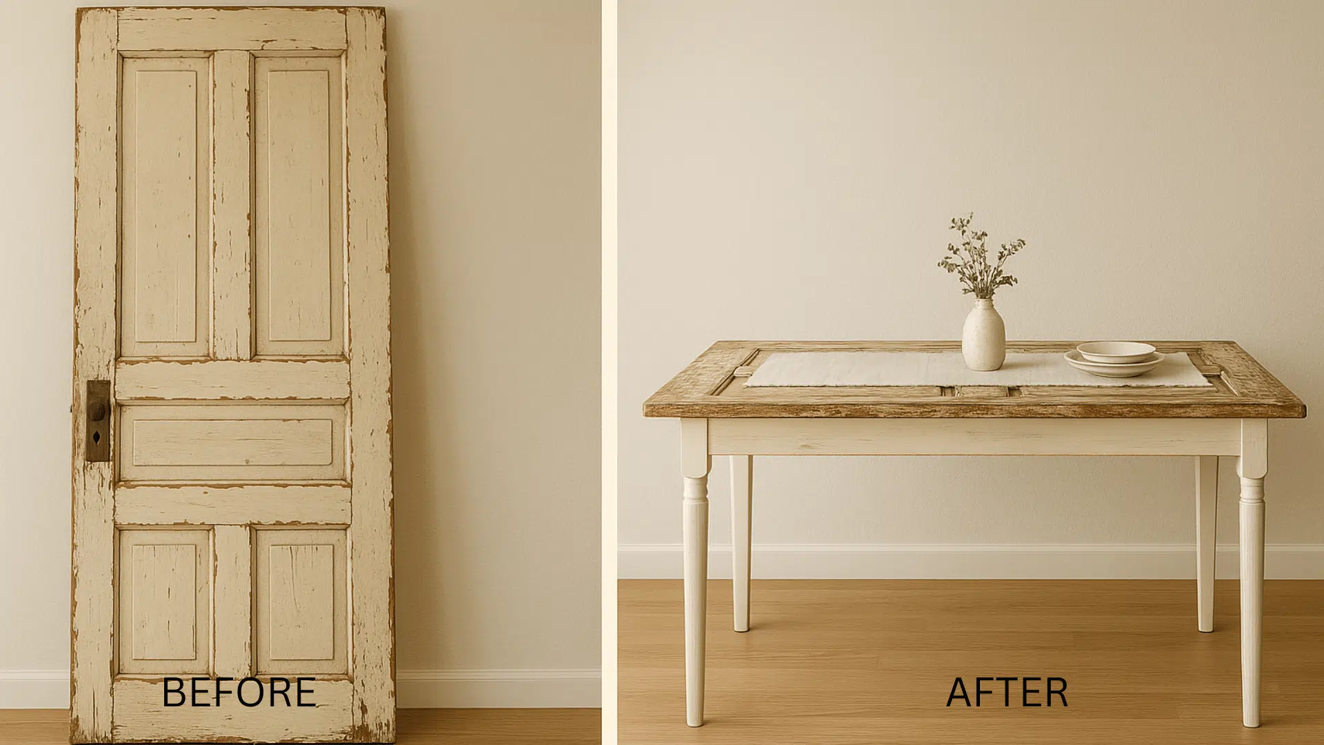 antique door turned dining table