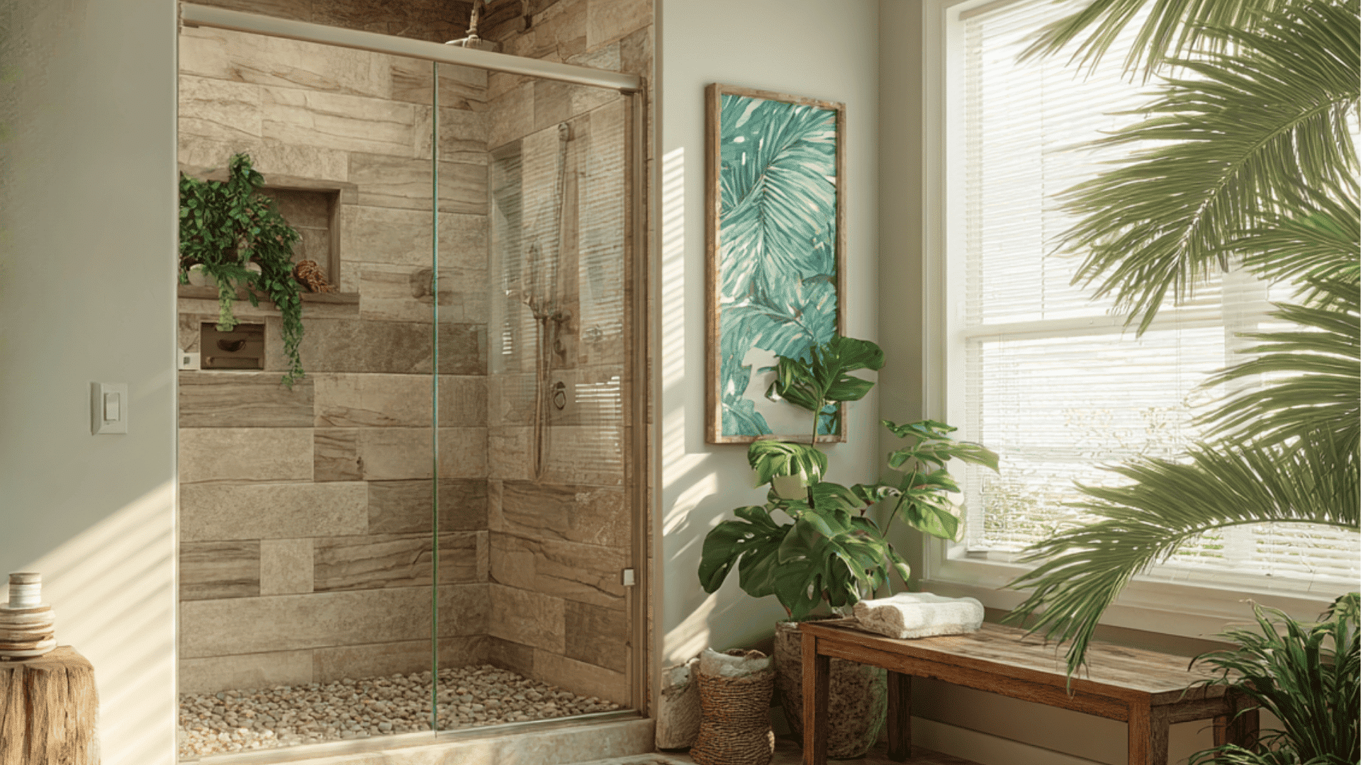 beach style pebble floor shower doorless walk in shower idea