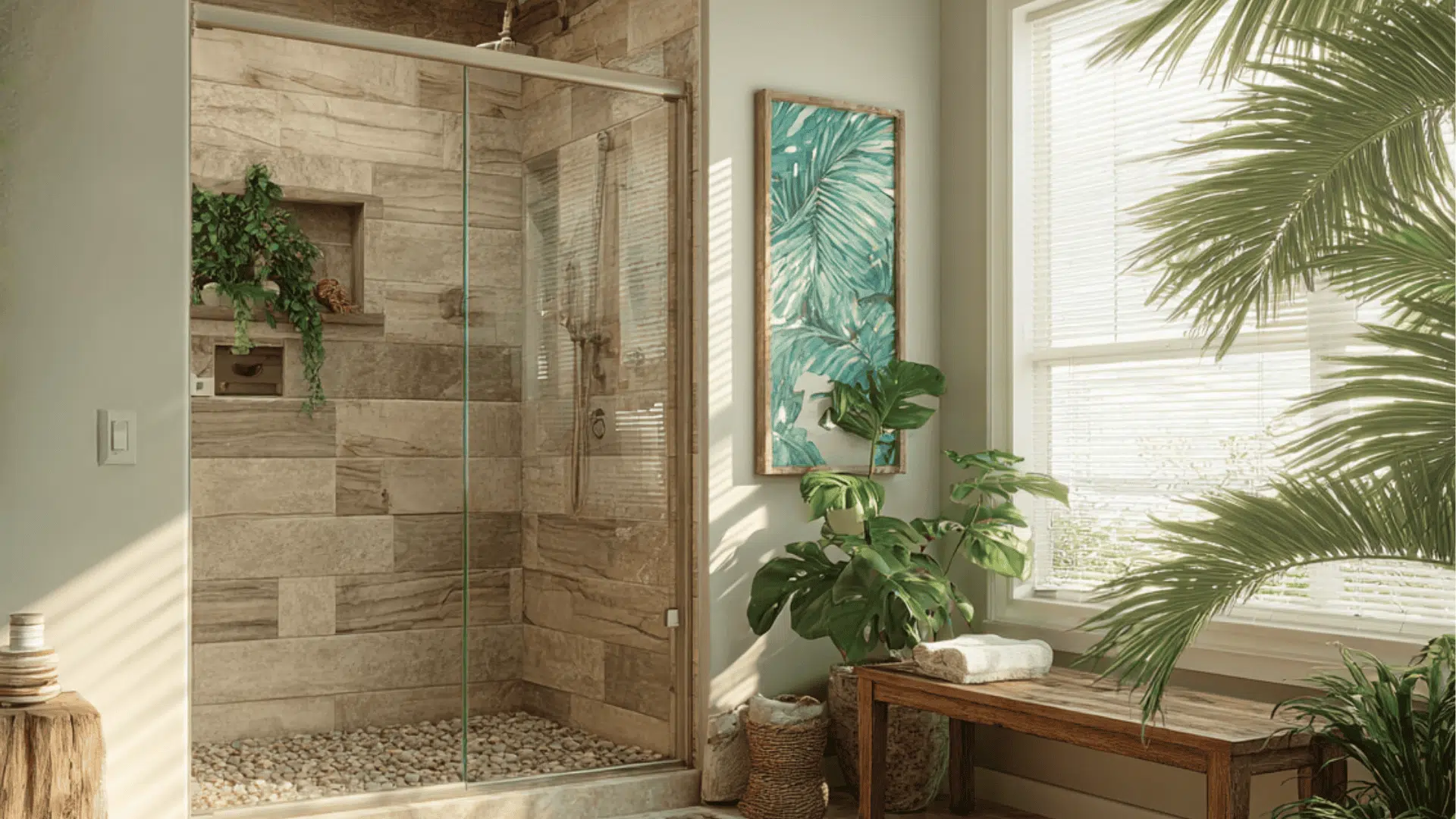 beach style pebble floor shower doorless walk in shower idea