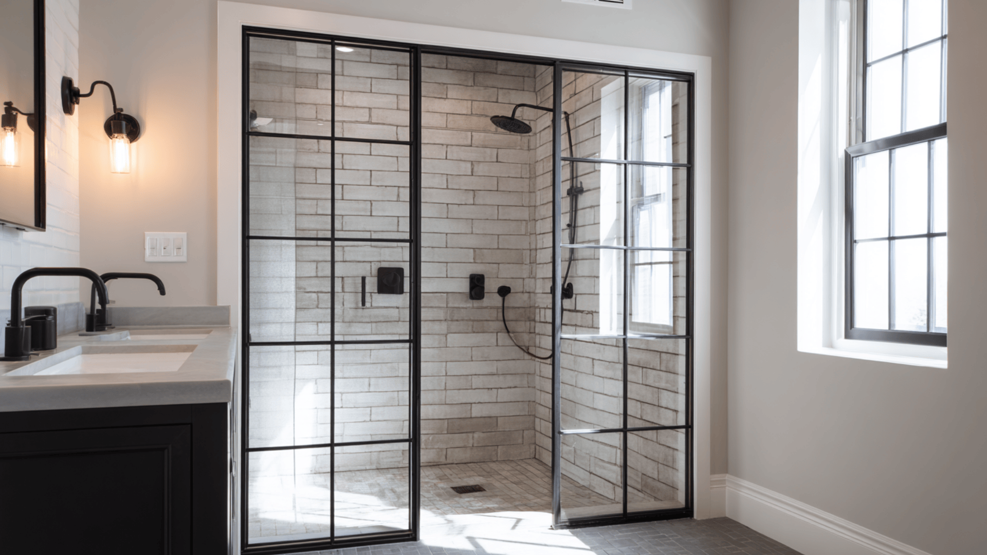 black framed partition shower doorless walk in shower idea