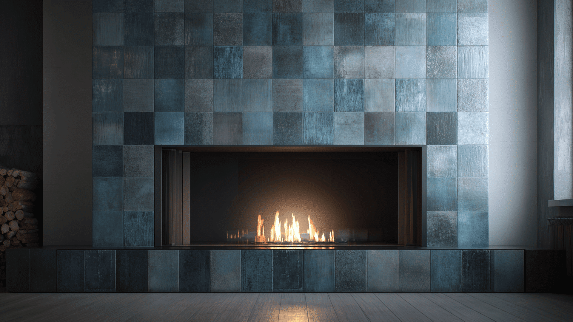 blue gray ceramic tiled surround
