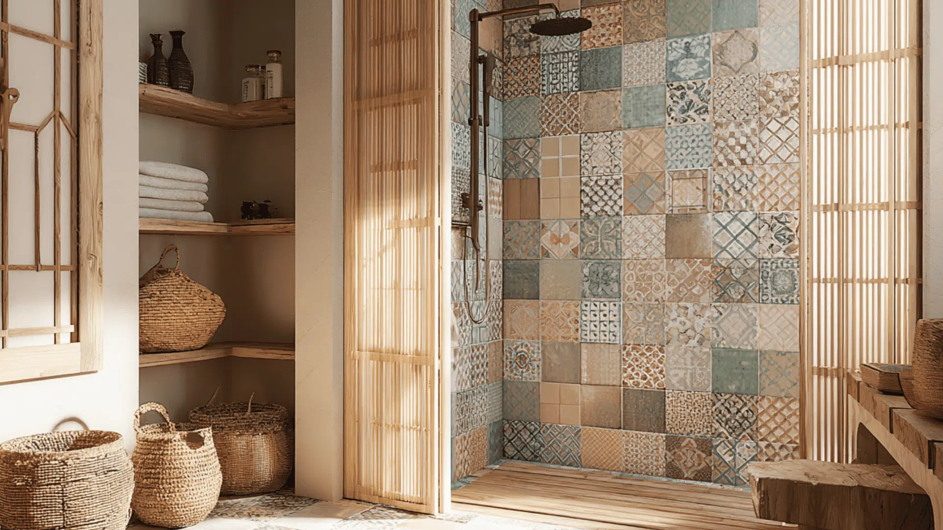 boho chic walk in shower with patterned tile doorless walk in shower idea