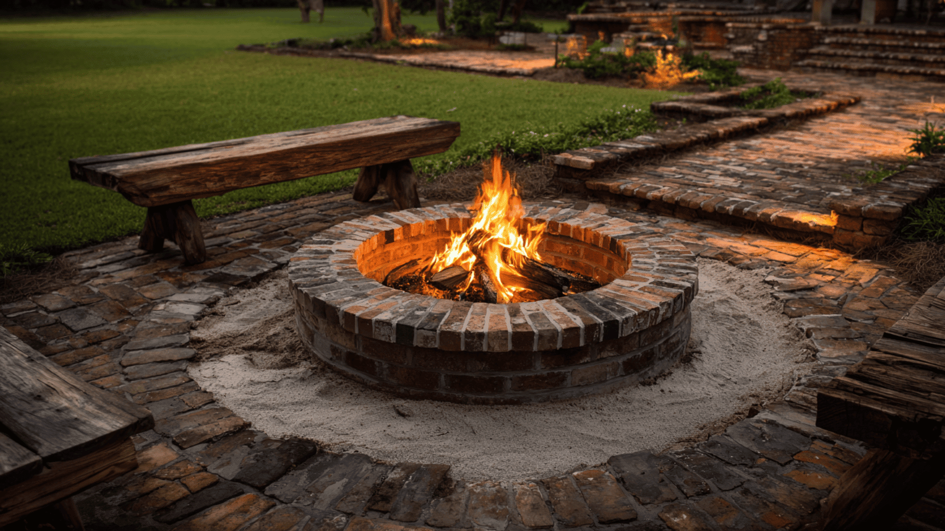 brick fire pit with sand base low cost fire pit landscape design idea
