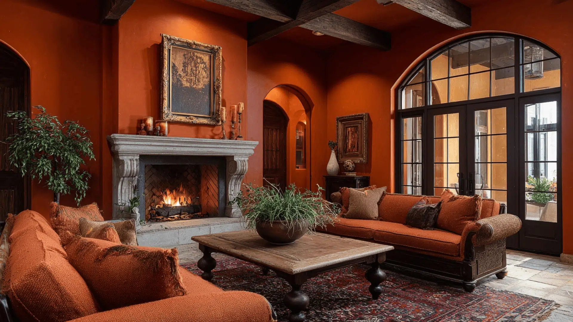 burnt orange fireplace wall