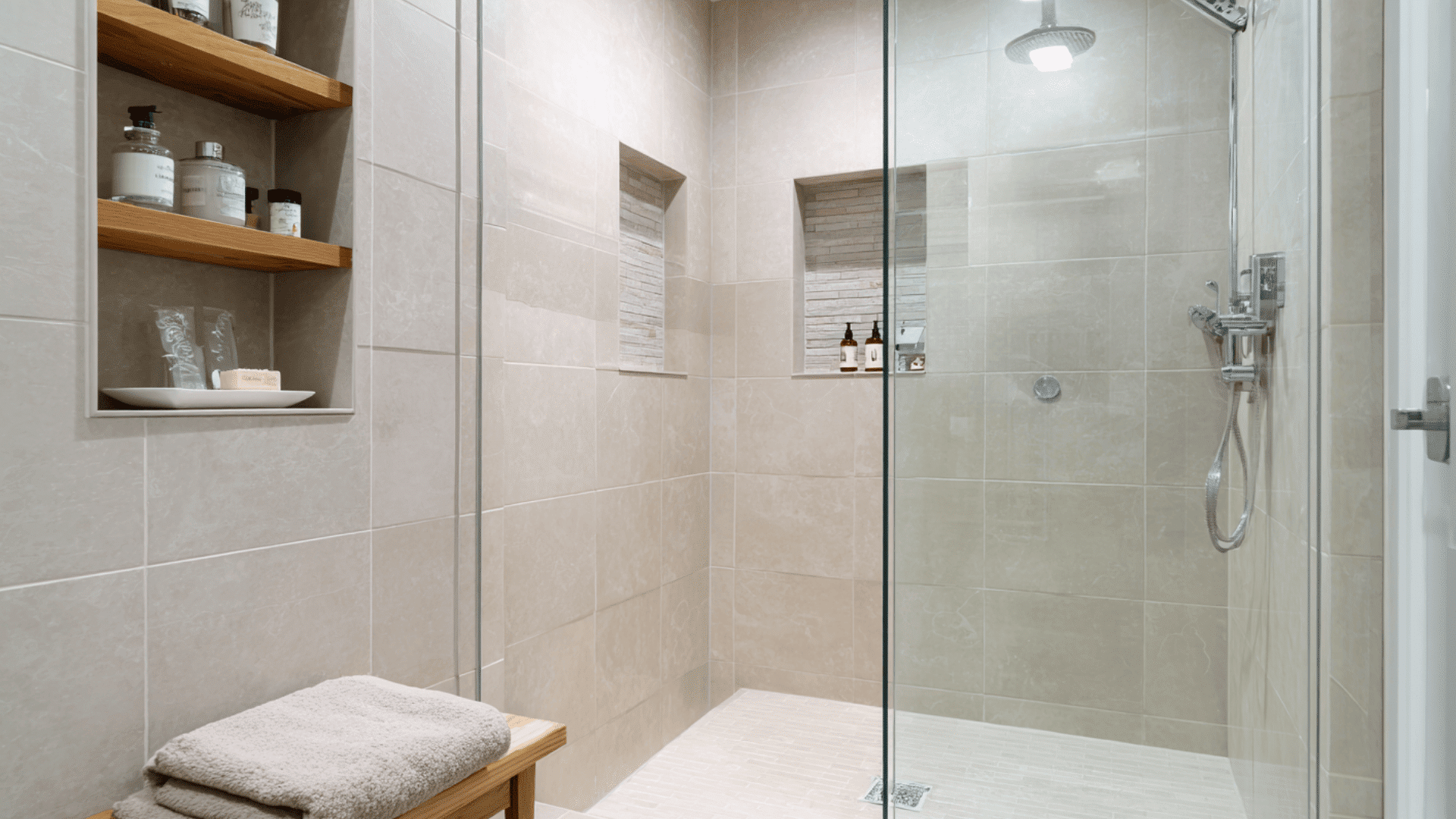 compact doorless shower with niche storage doorless walk in shower idea