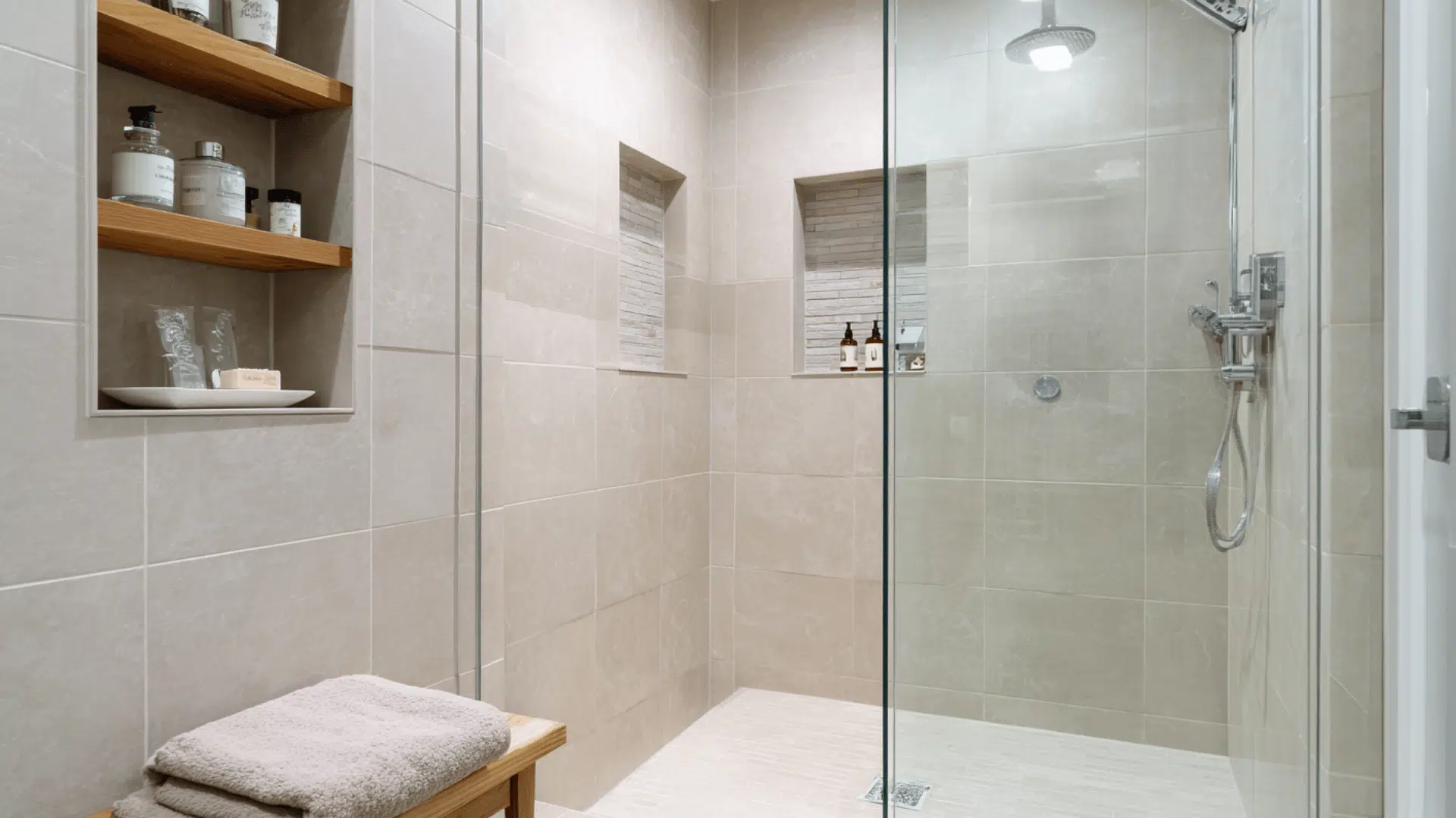 compact doorless shower with niche storage doorless walk in shower idea