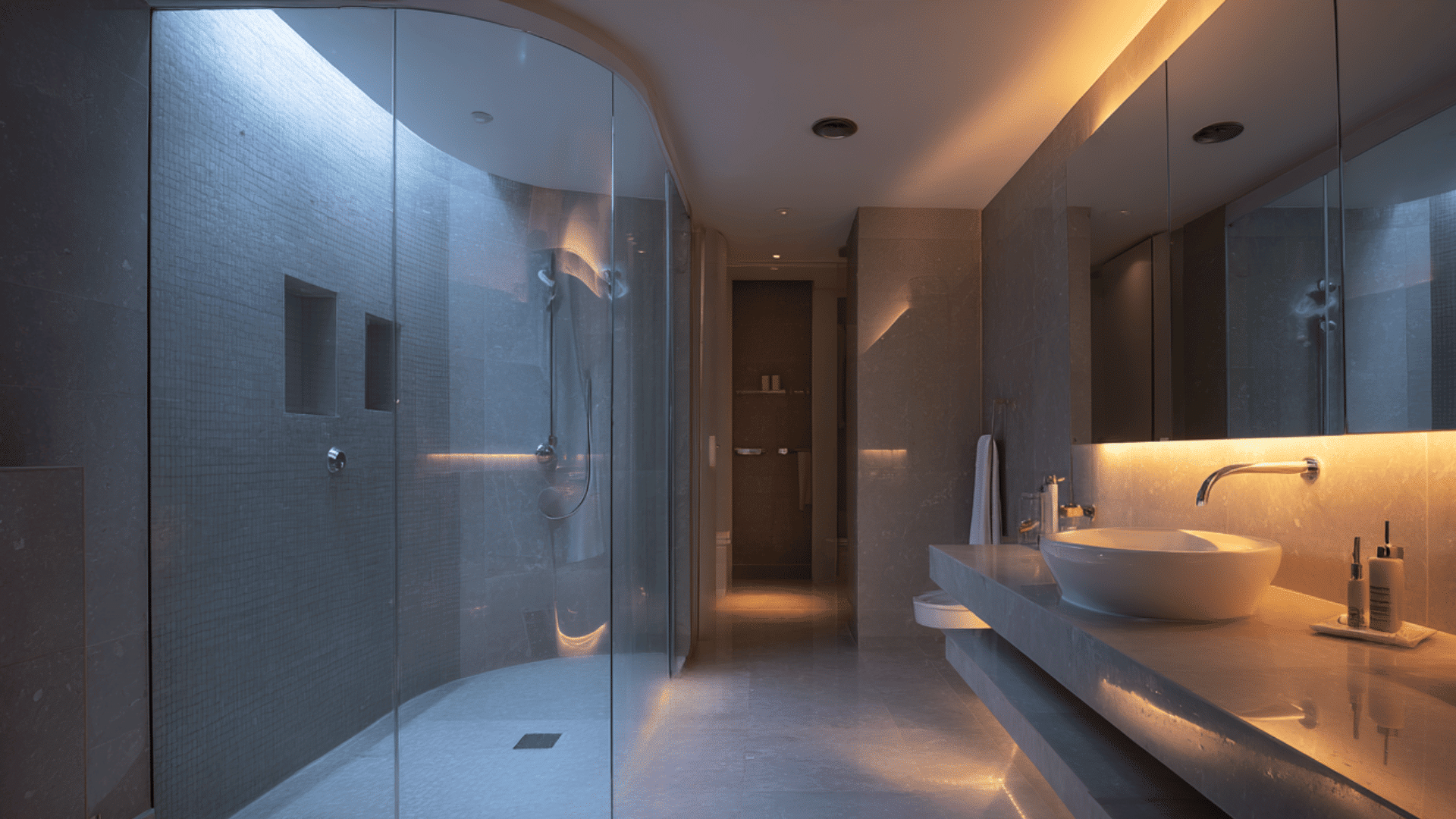 compact wet room with a curved glass screen