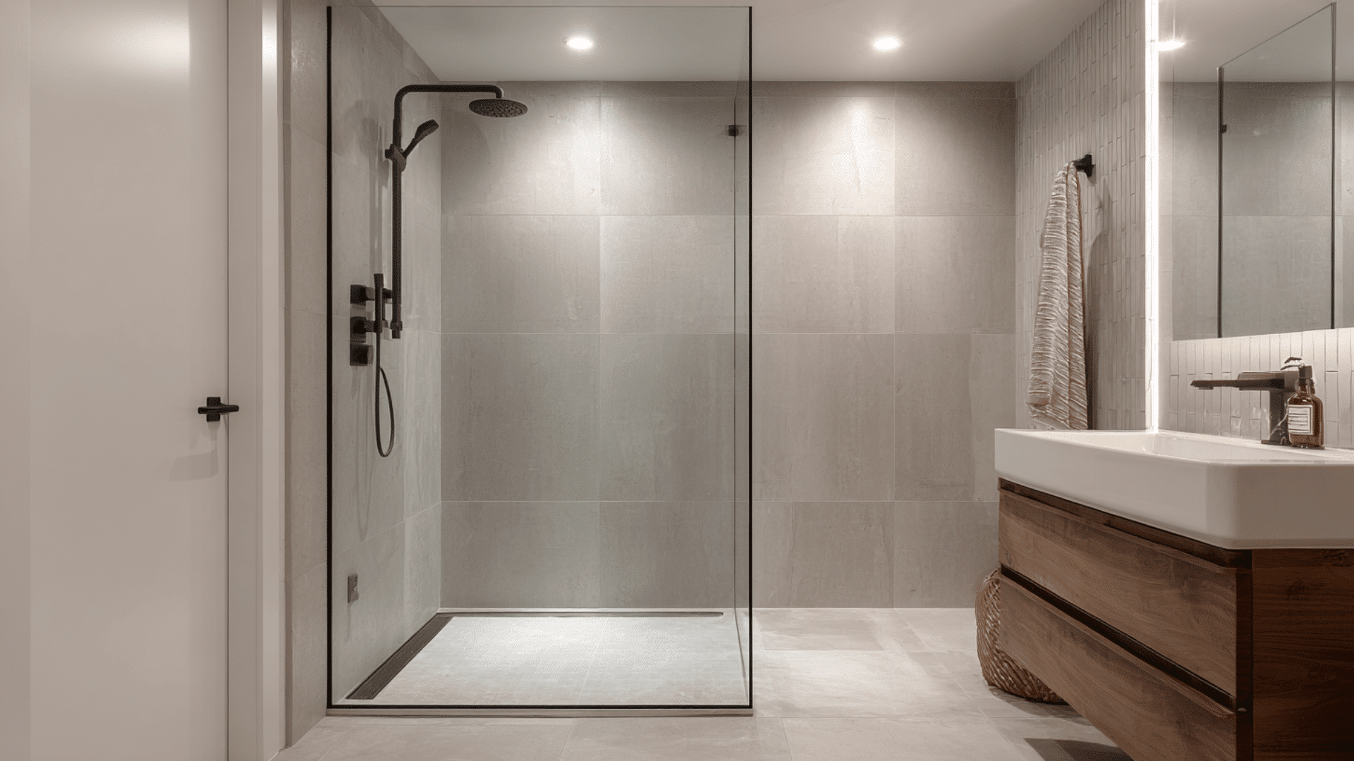 corner wet room with a wall side linear drain