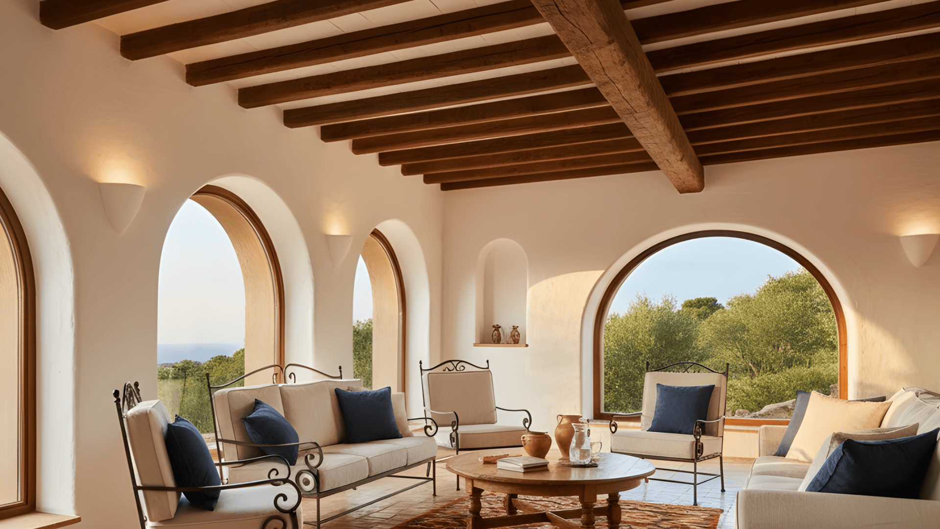 dark stained beams in mediterranean space