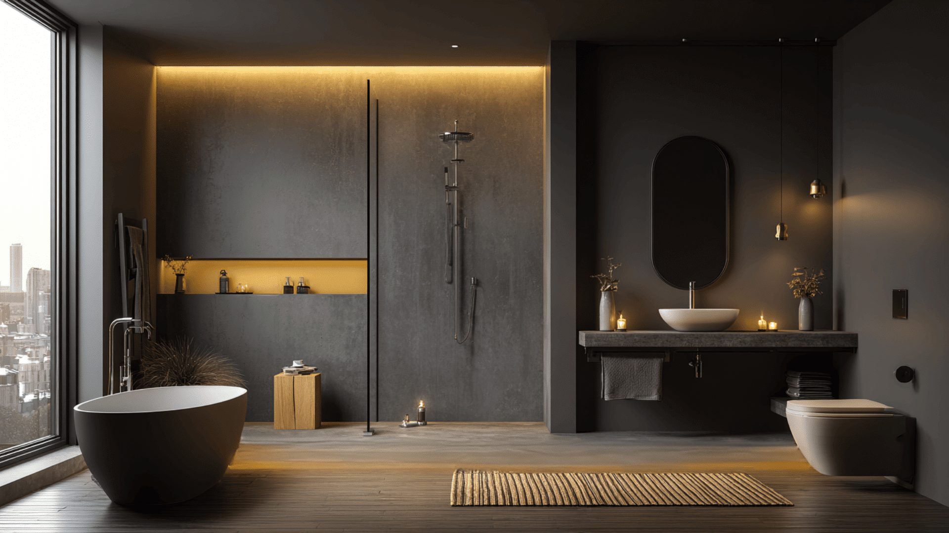 dark wall wet room with light warm flooring