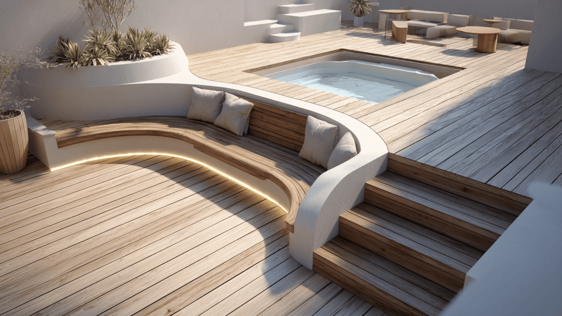 deck with built in bench surround