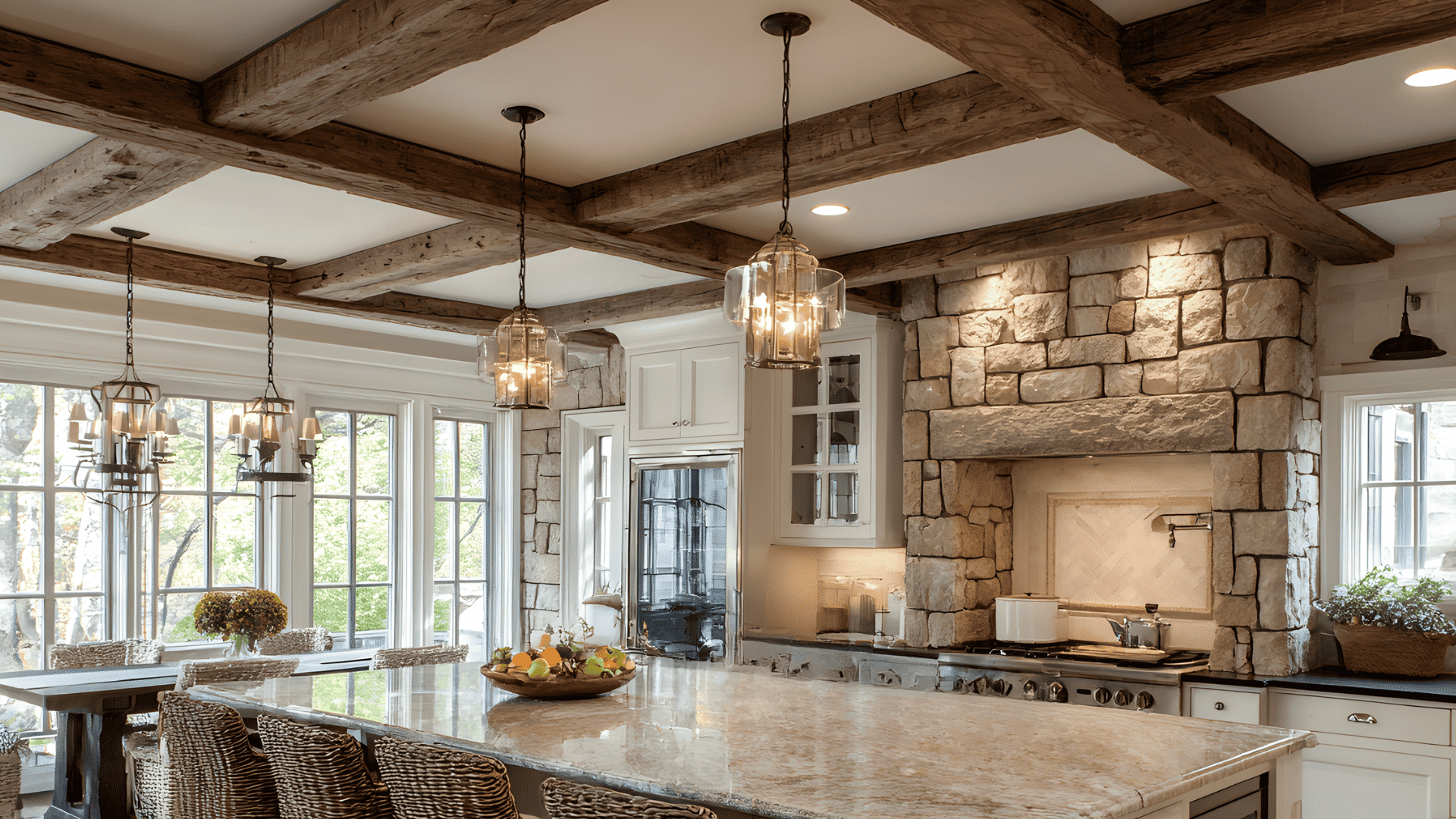 exposed cross beam layout in country kitchens