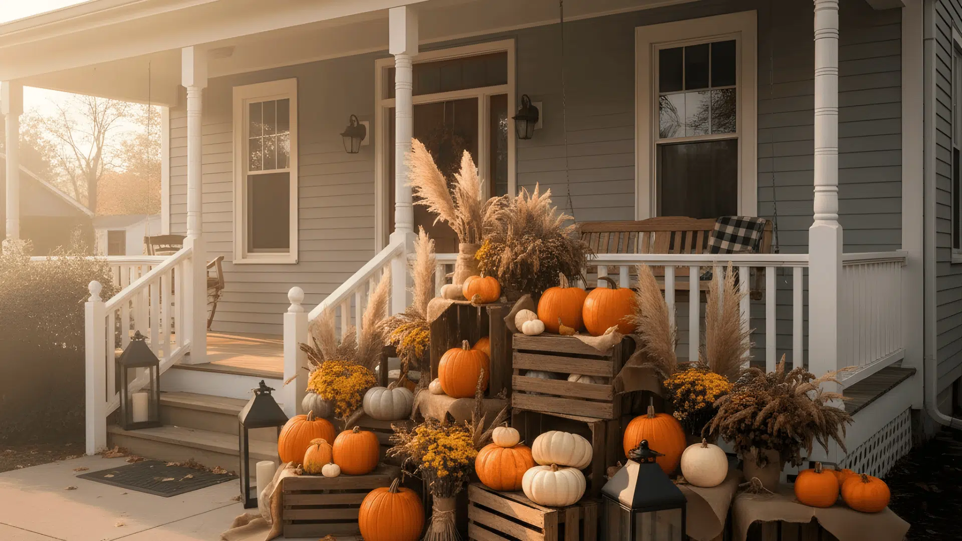 farmhouse pumpkin display fall porch decorating ideas