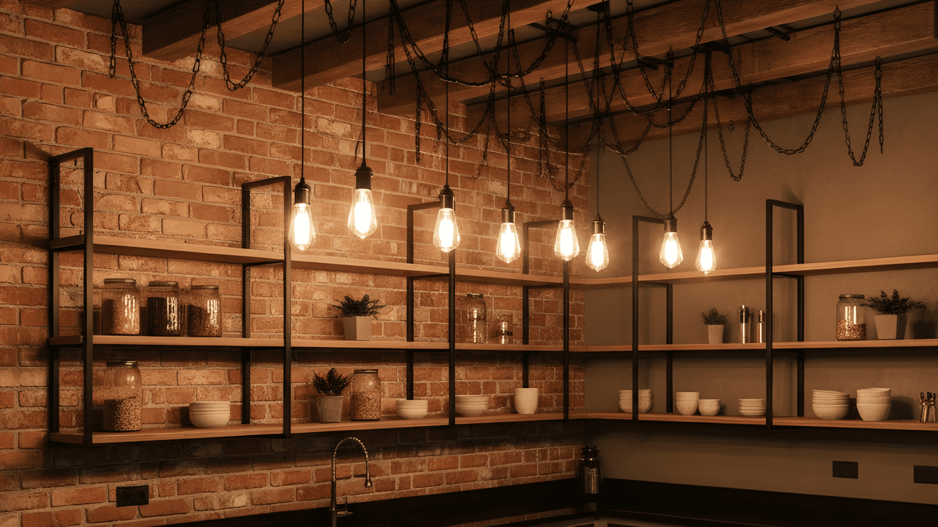 faux beams paired with edison style pendant lights
