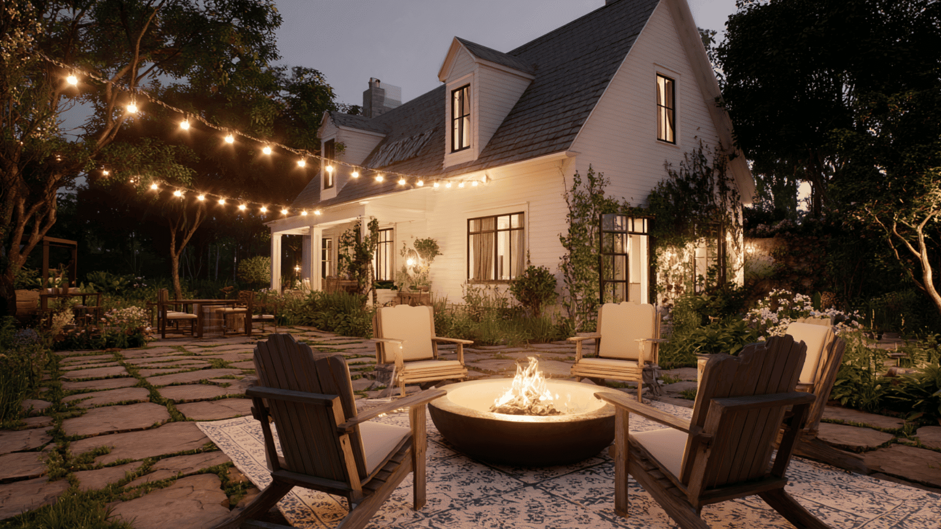 fire pit area with low cost outdoor rug and string lights low cost fire pit landscape design idea