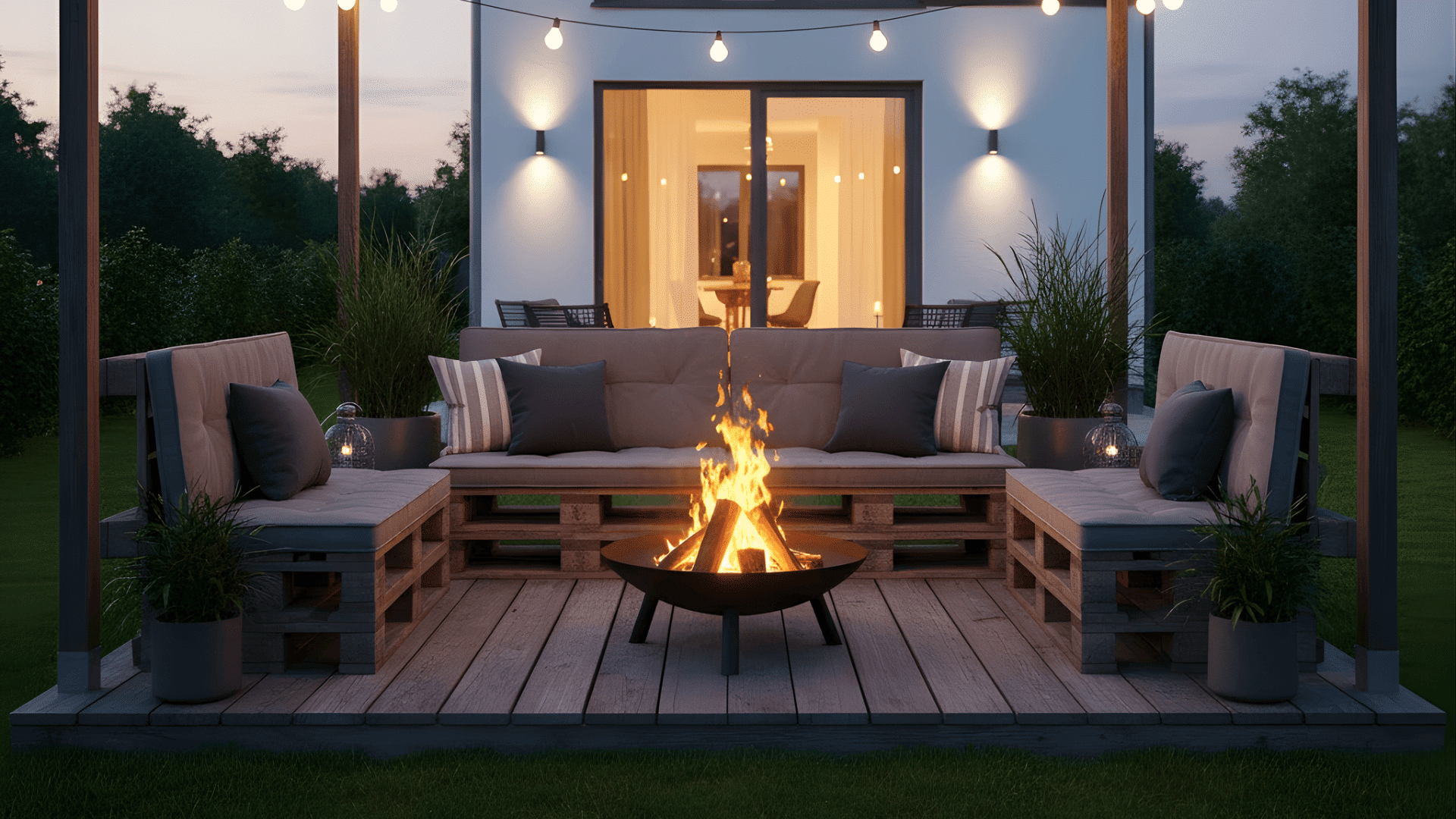 fire pit area with wooden pallet decking low cost fire pit landscape design idea