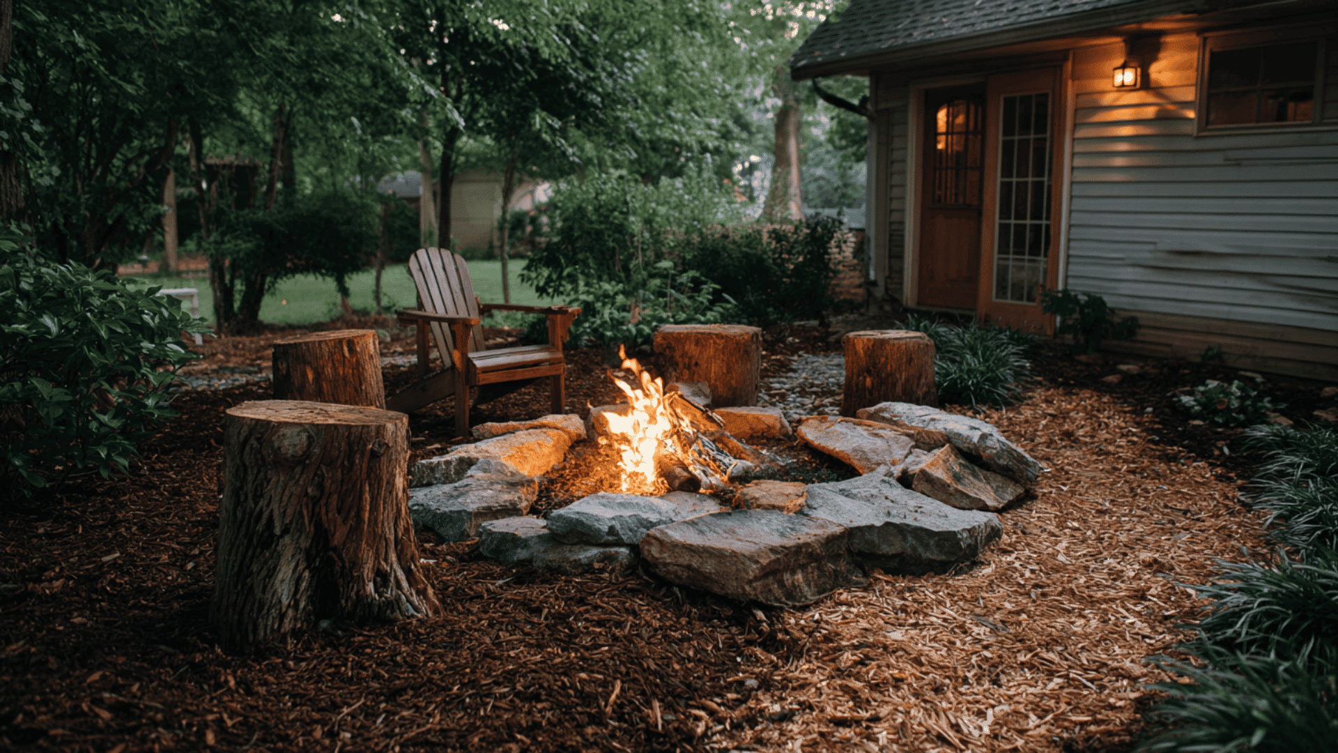 fire pit with rustic stump seating low cost fire pit landscape design idea
