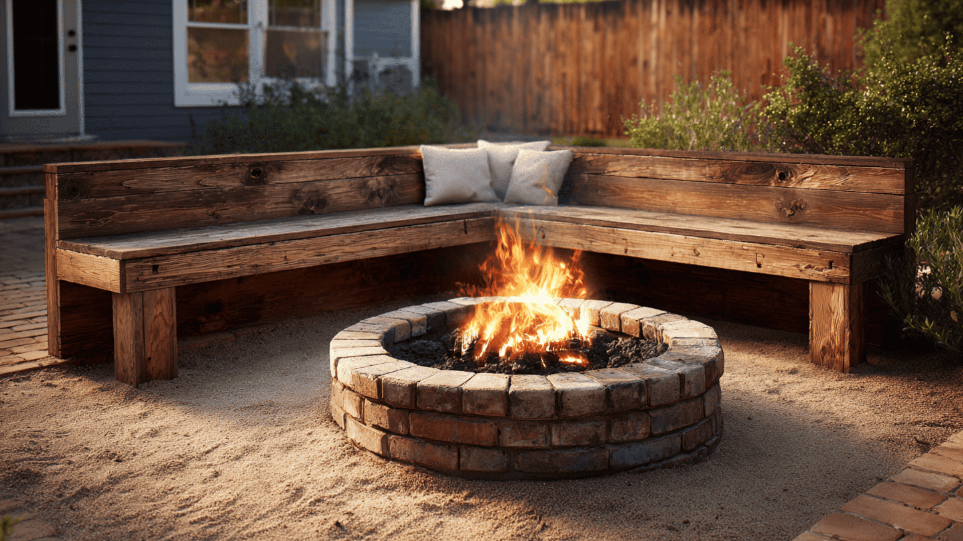 fire pit with simple l shaped bench low cost fire pit landscape design idea