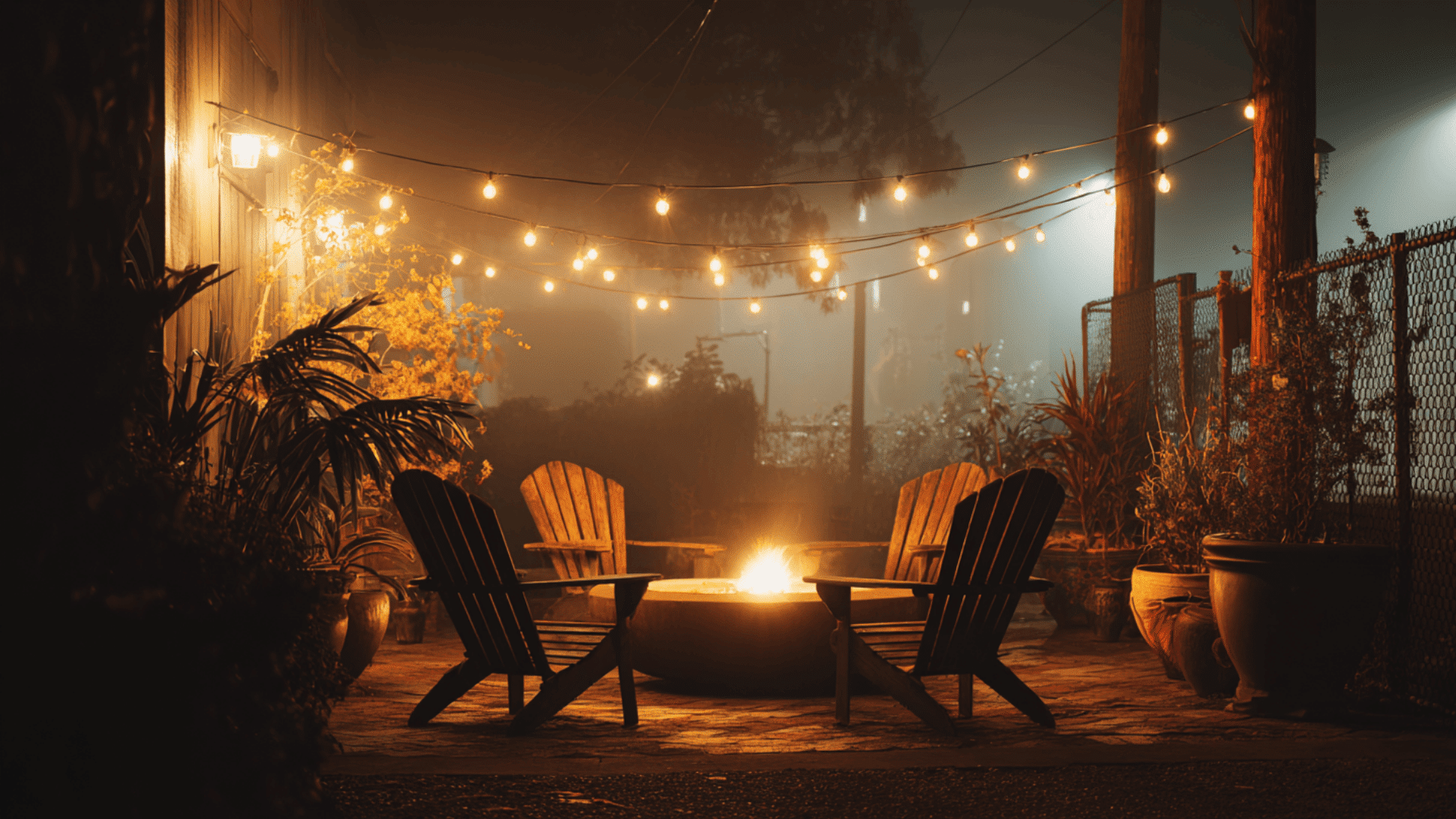 fire pit with string lights low cost fire pit landscape design idea