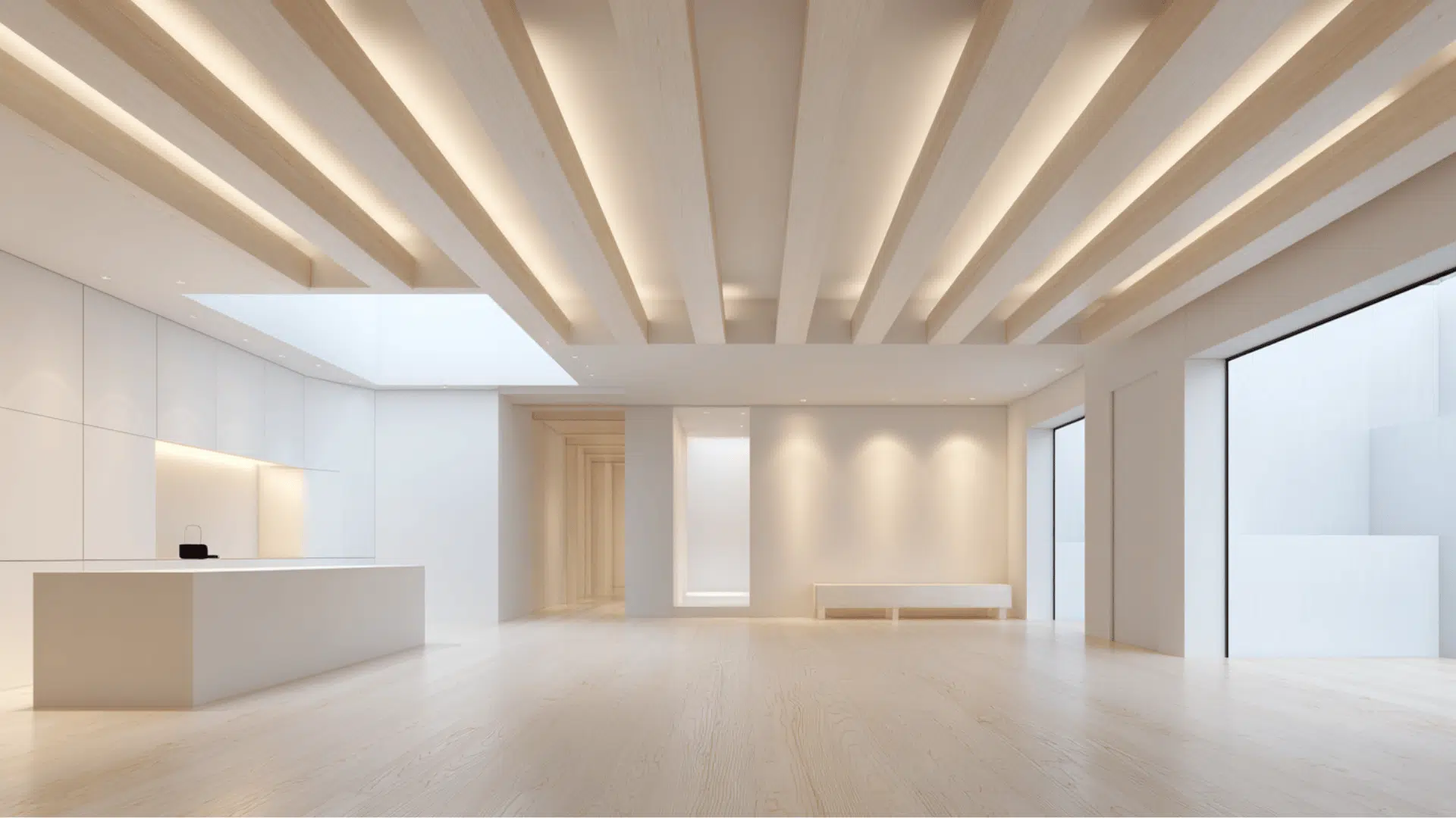 floating beams with recessed lighting