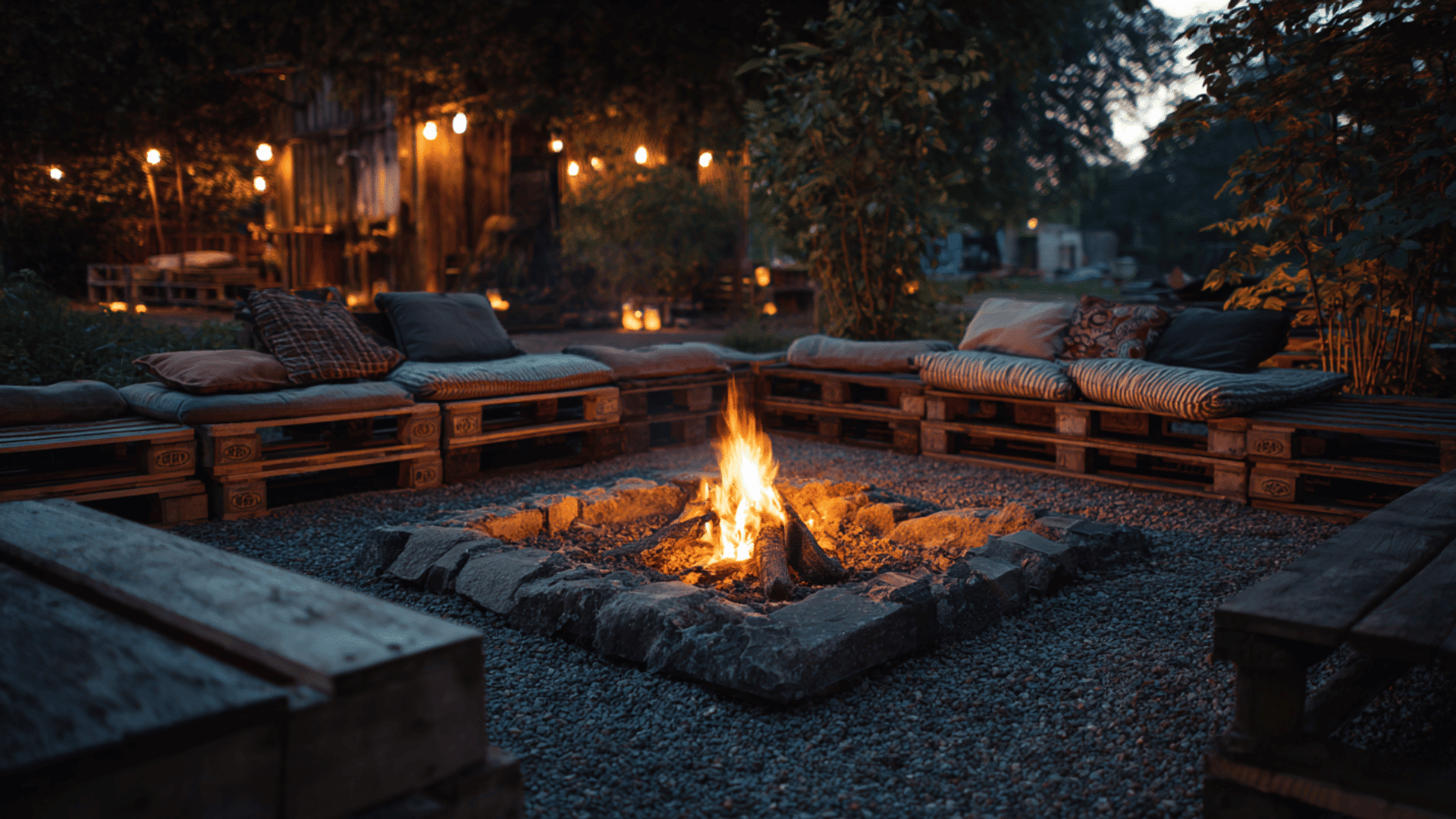 gravel and pallet seating area low cost fire pit landscape design idea