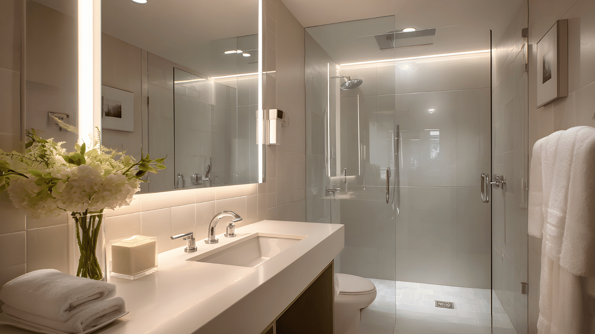 hotel style wet room with moisture resistant mirror panels