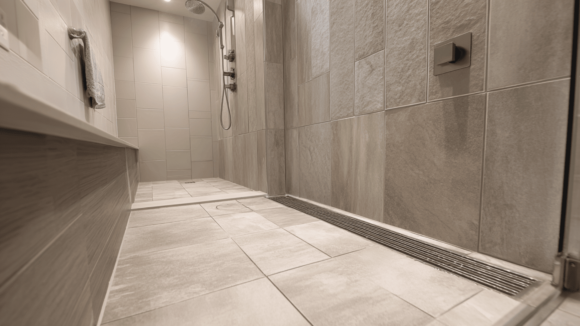 large format tile shower with hidden drain doorless walk in shower idea