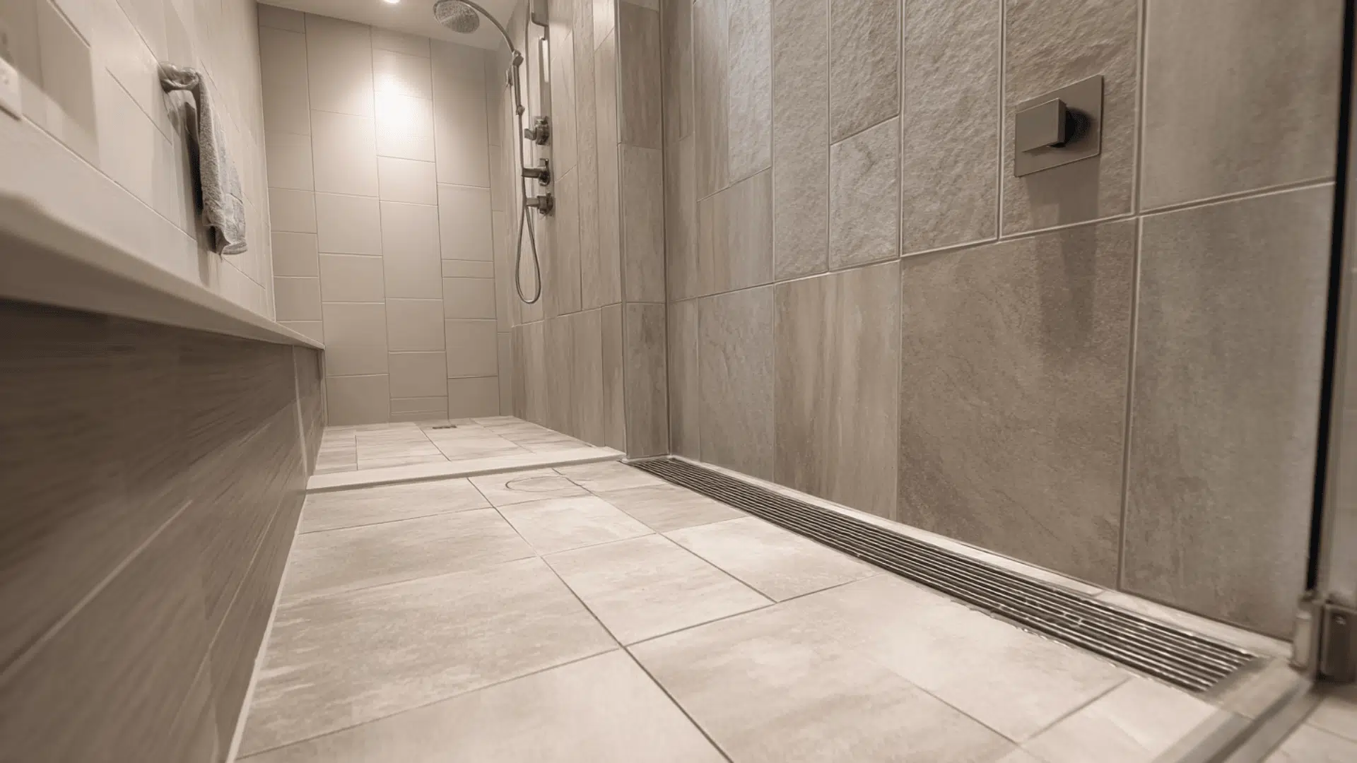 large format tile shower with hidden drain doorless walk in shower idea