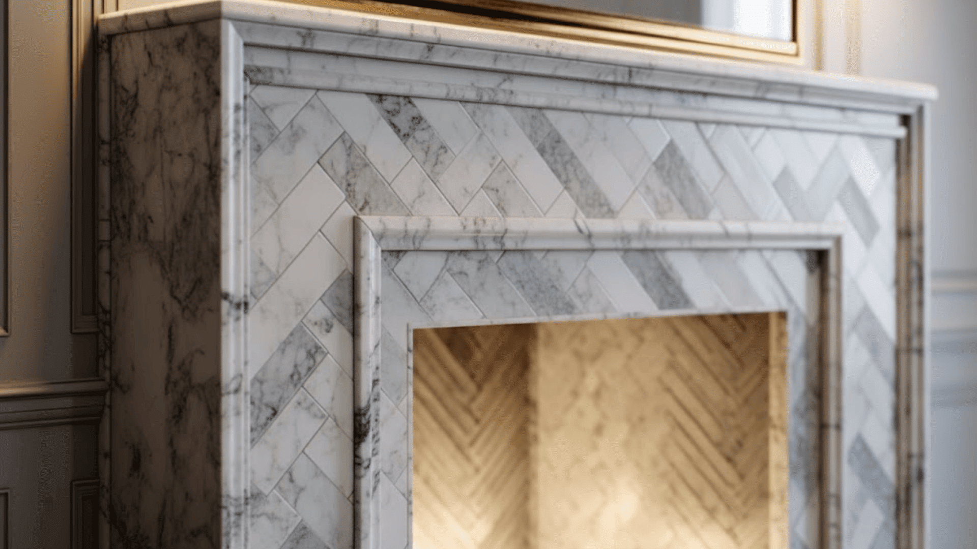 marble herringbone fireplace face