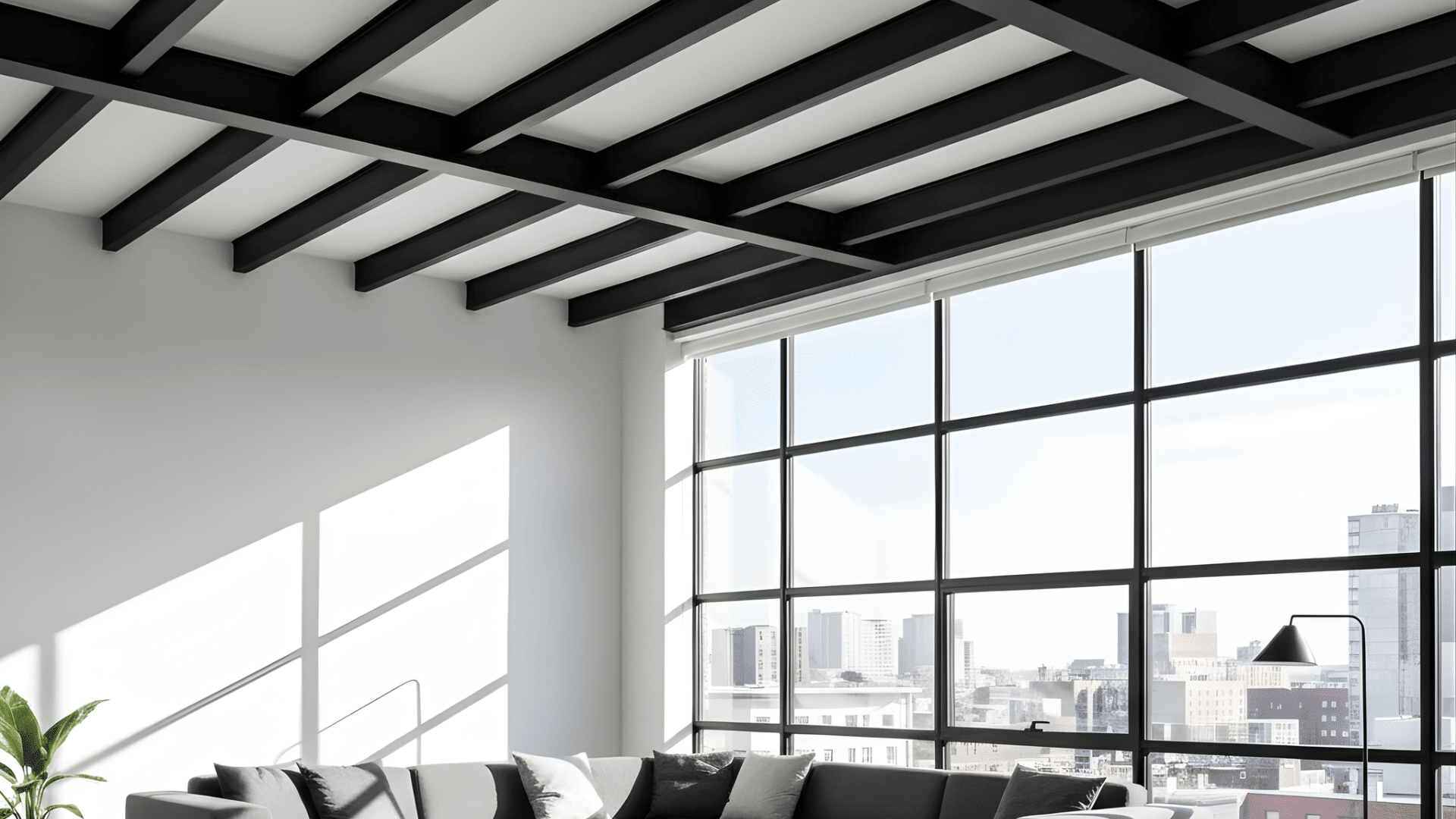 matte black beams on white ceilings for contrast