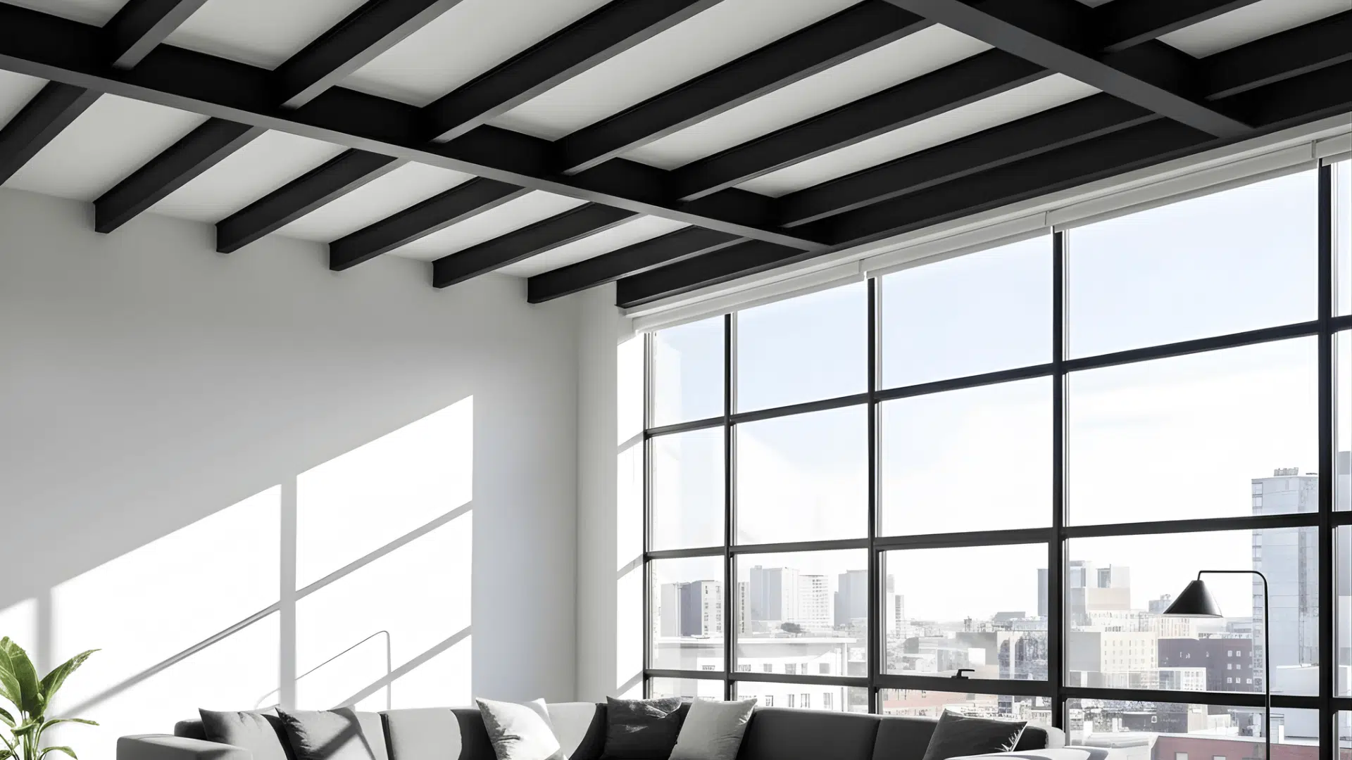 matte black beams on white ceilings for contrast