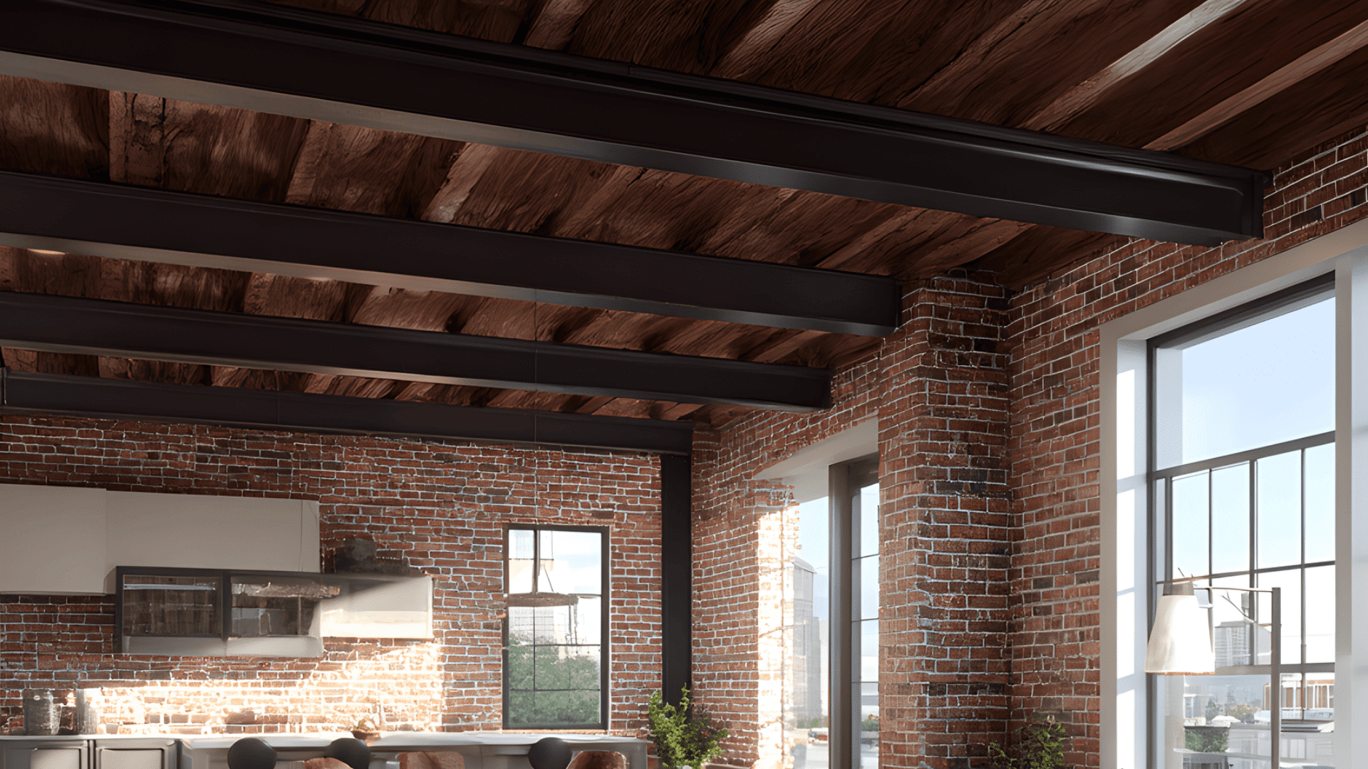 metal accent beams with dark stain