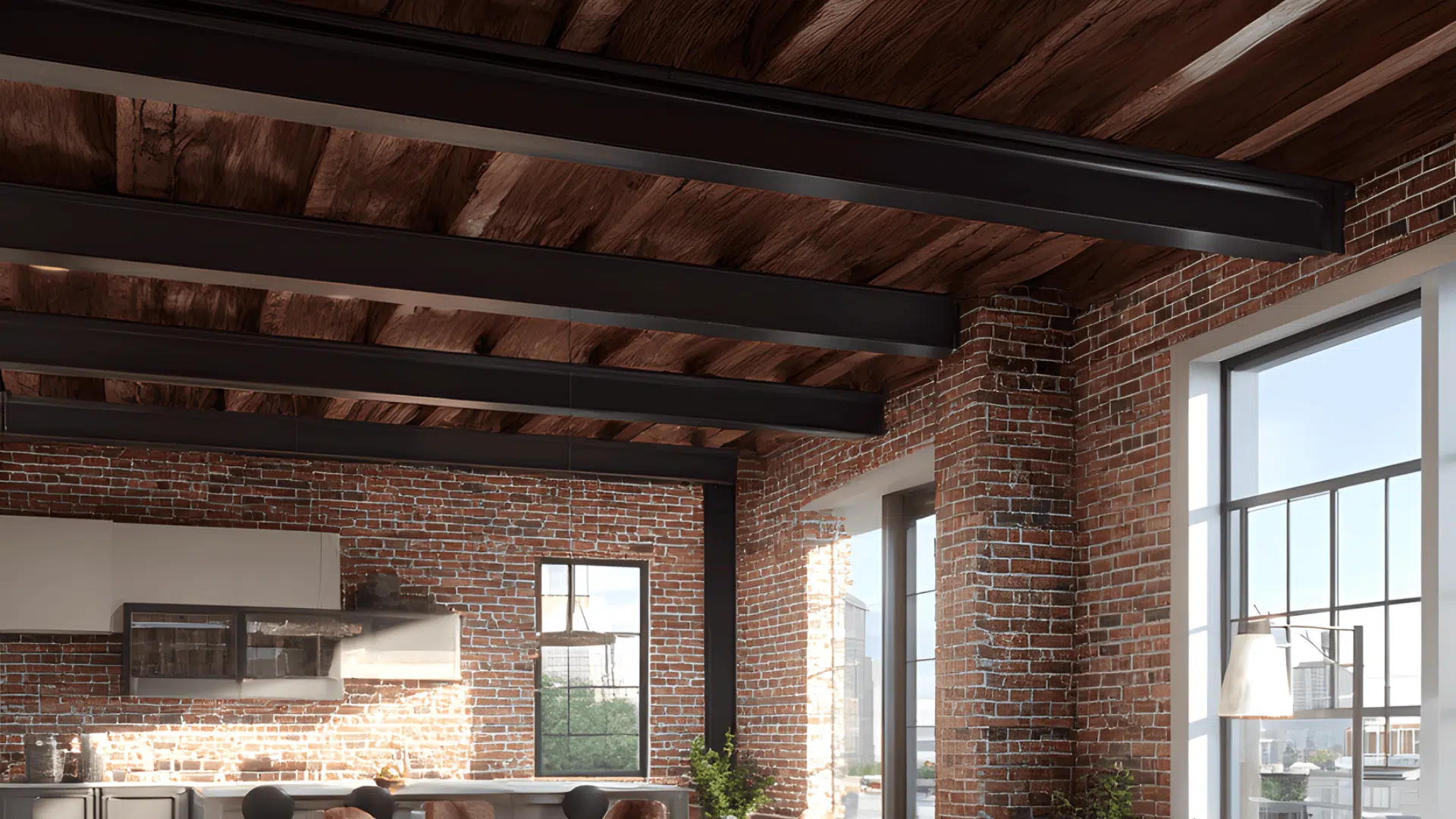 metal accent beams with dark stain