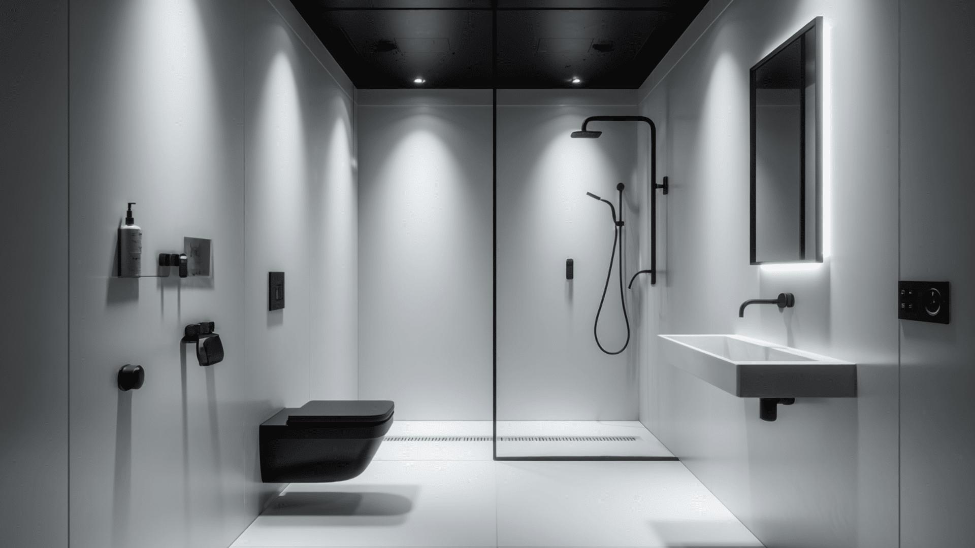 minimal black and white wet room with matte fixtures