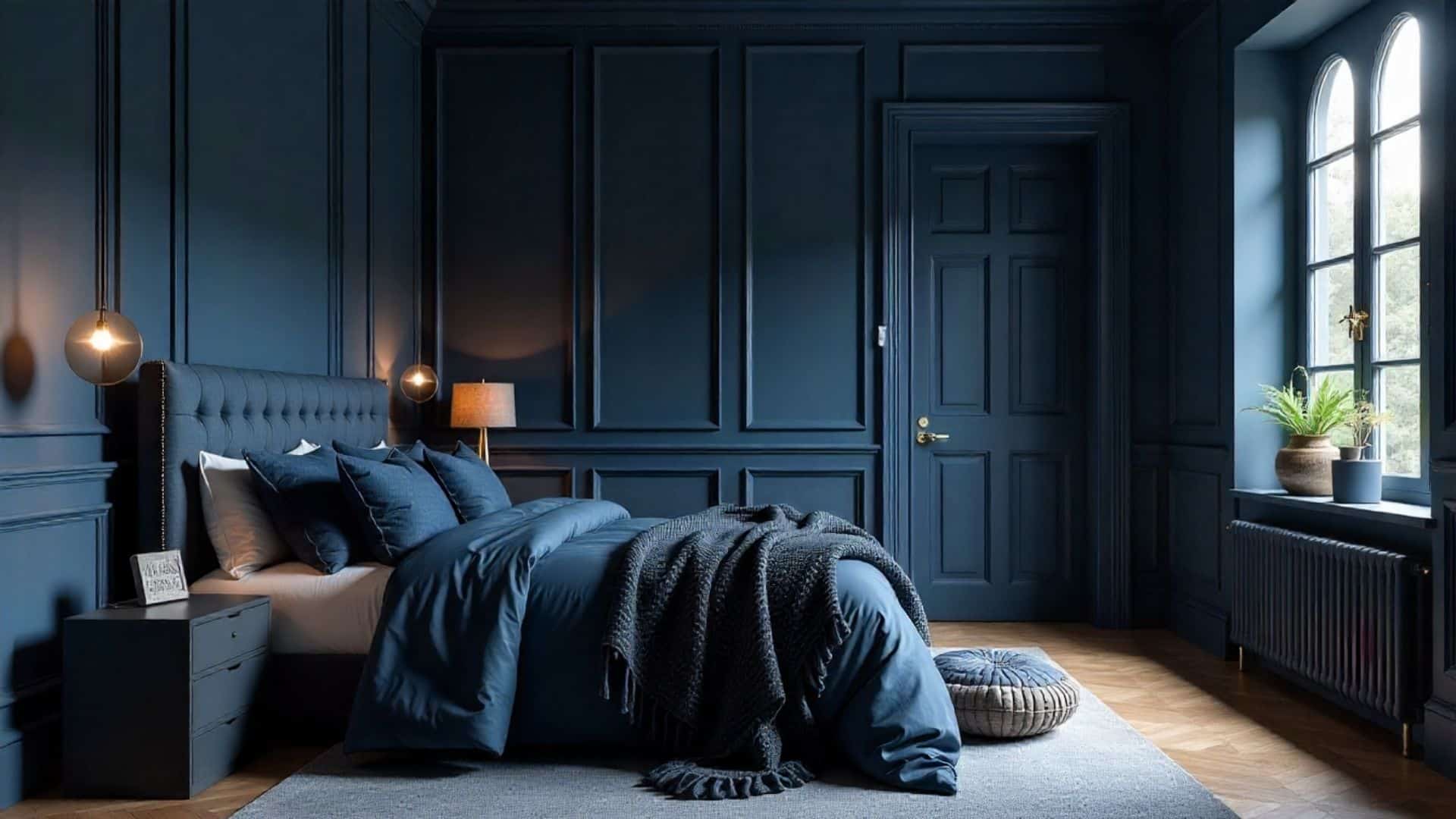 moody navy bedroom