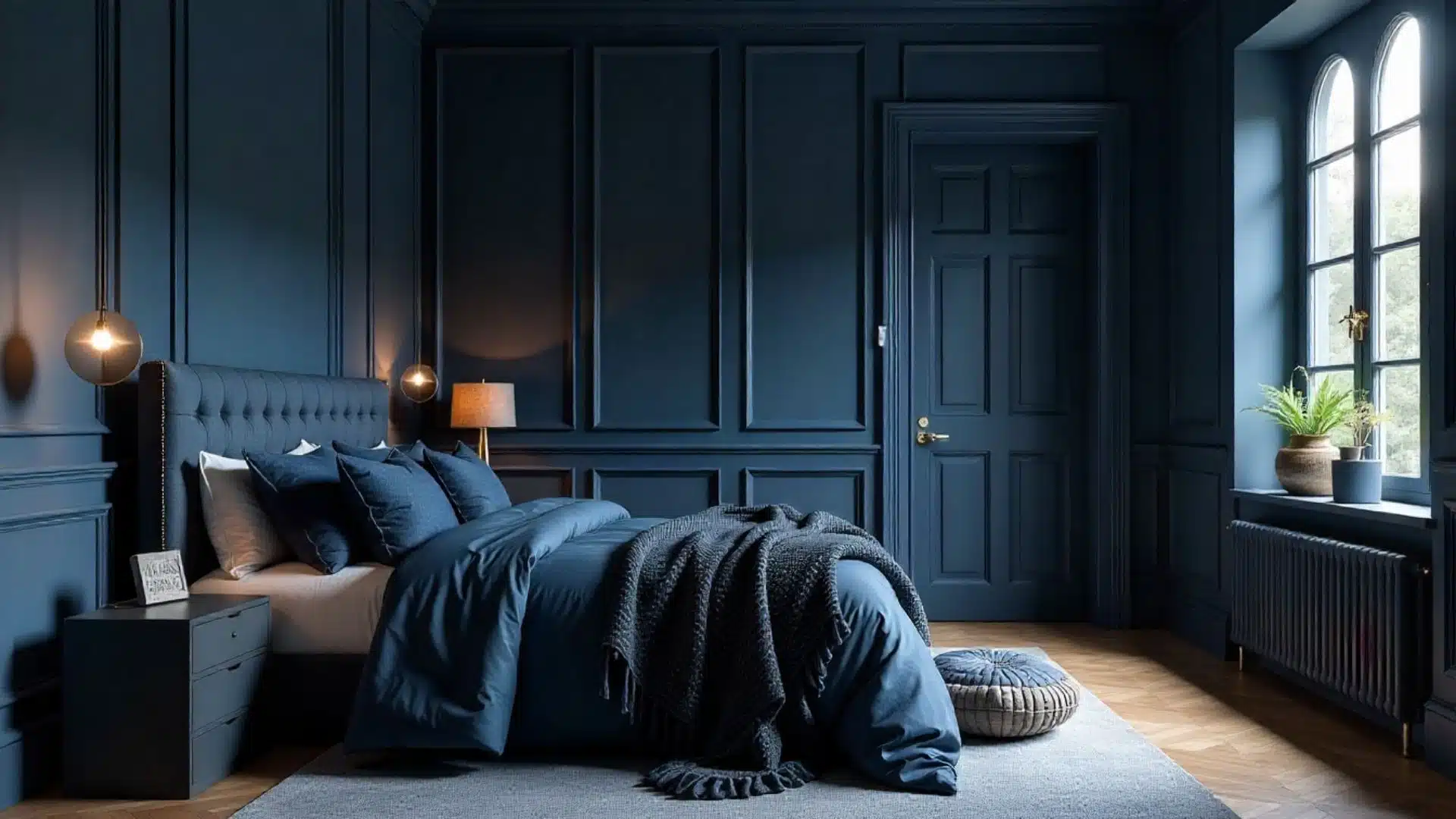 moody navy bedroom