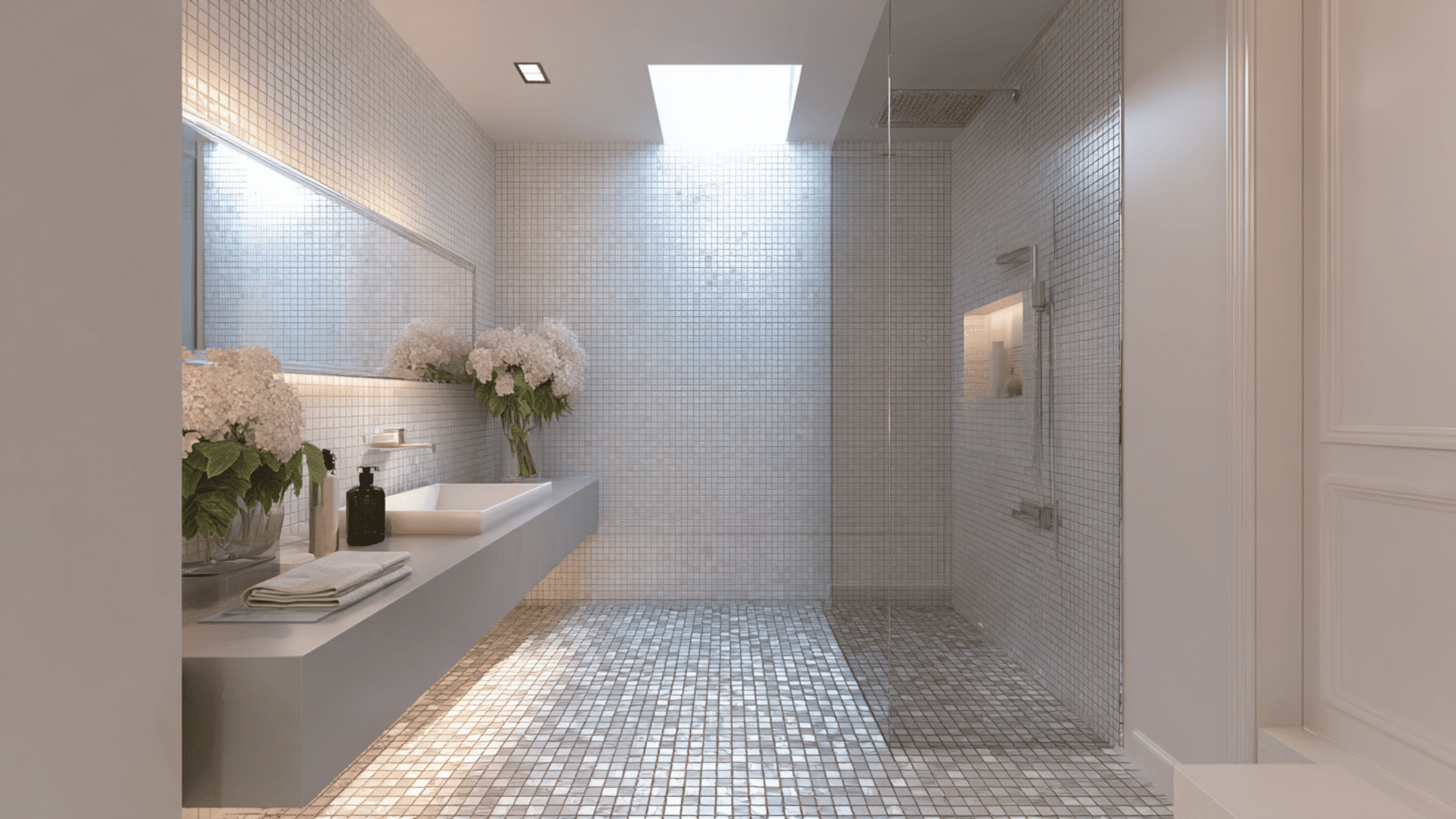 mosaic tile floor wet room with simple walls