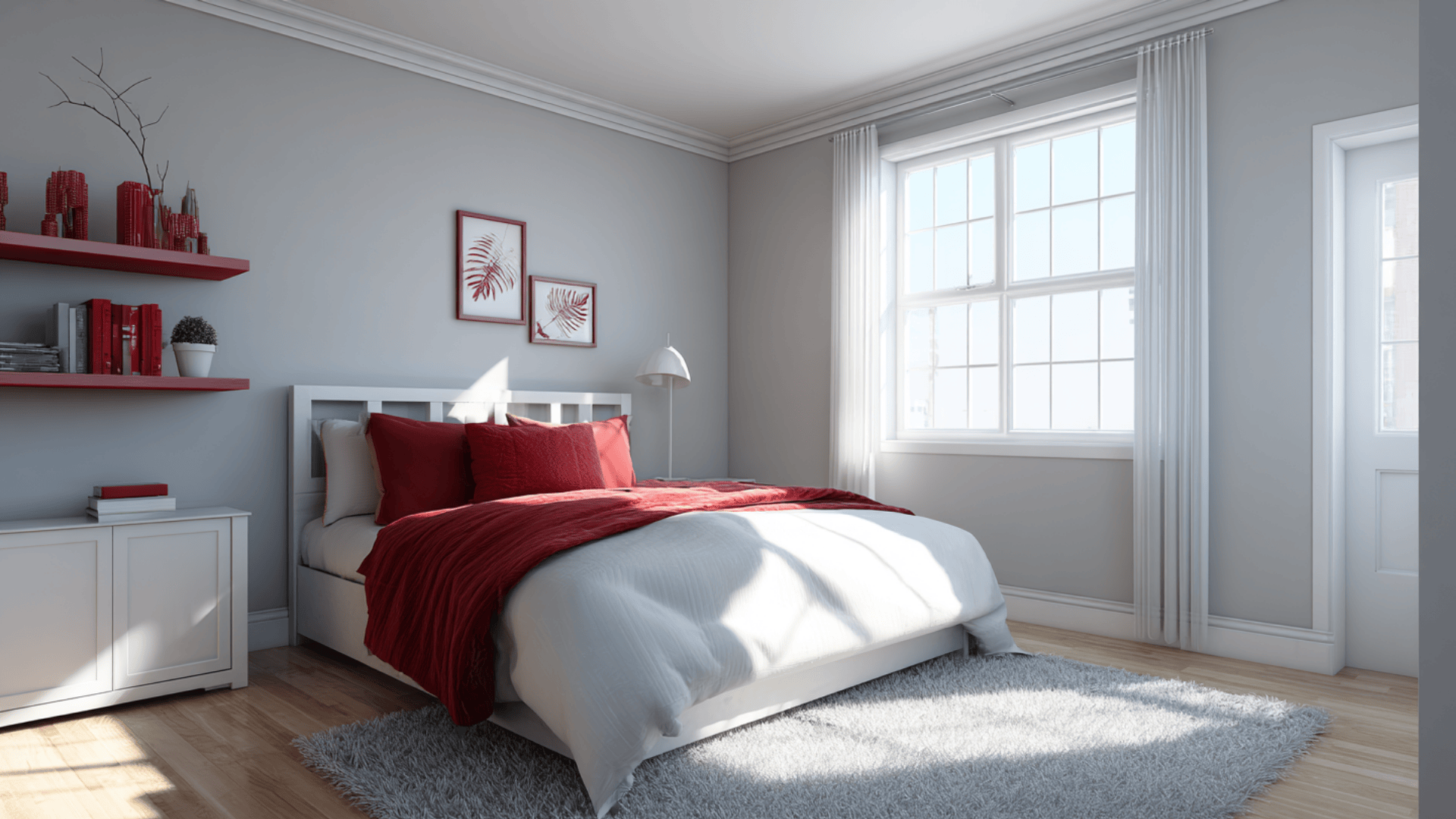 neutral gray with red accents