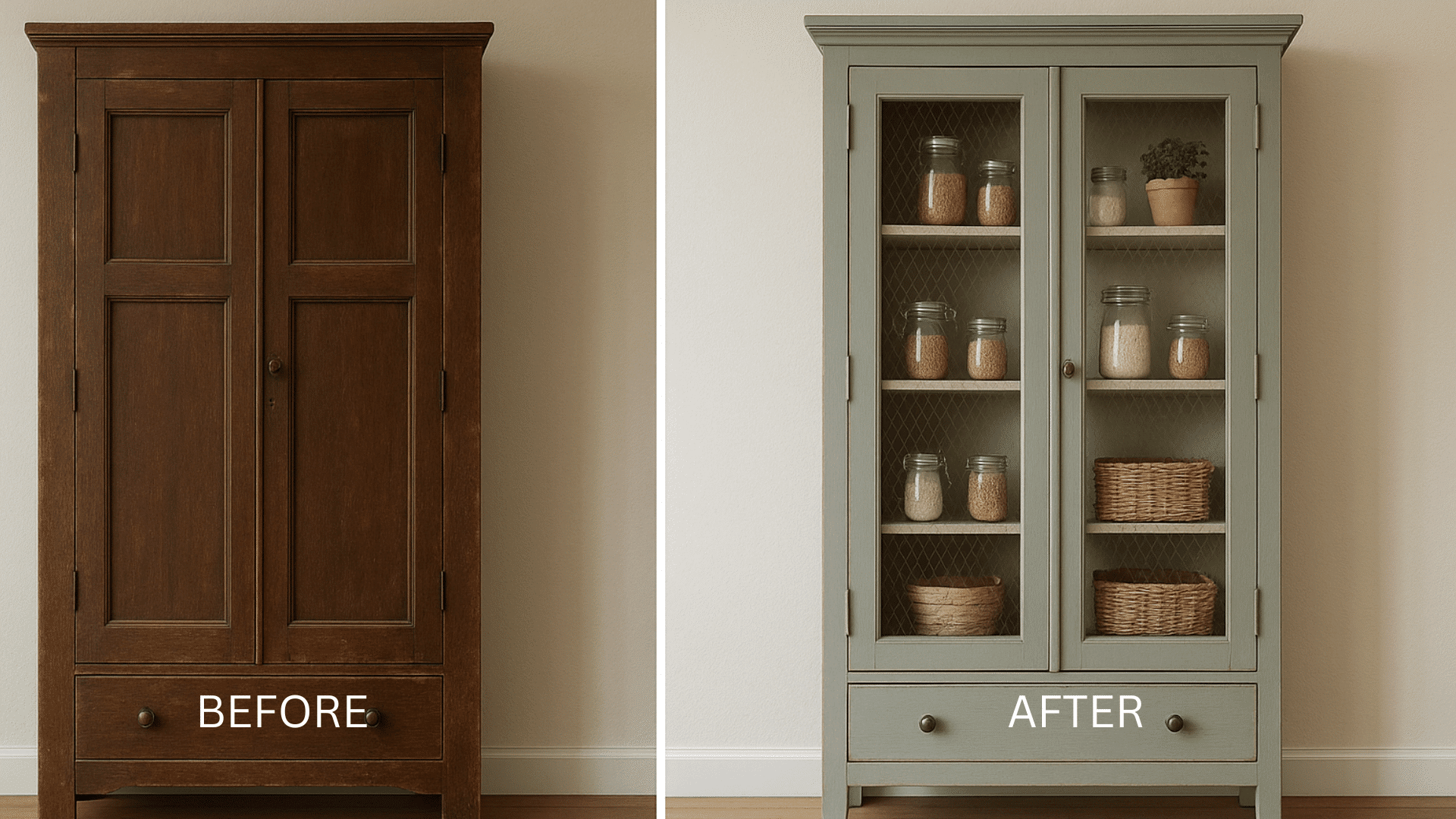 old cabinet repurposed as a farmhouse pantry