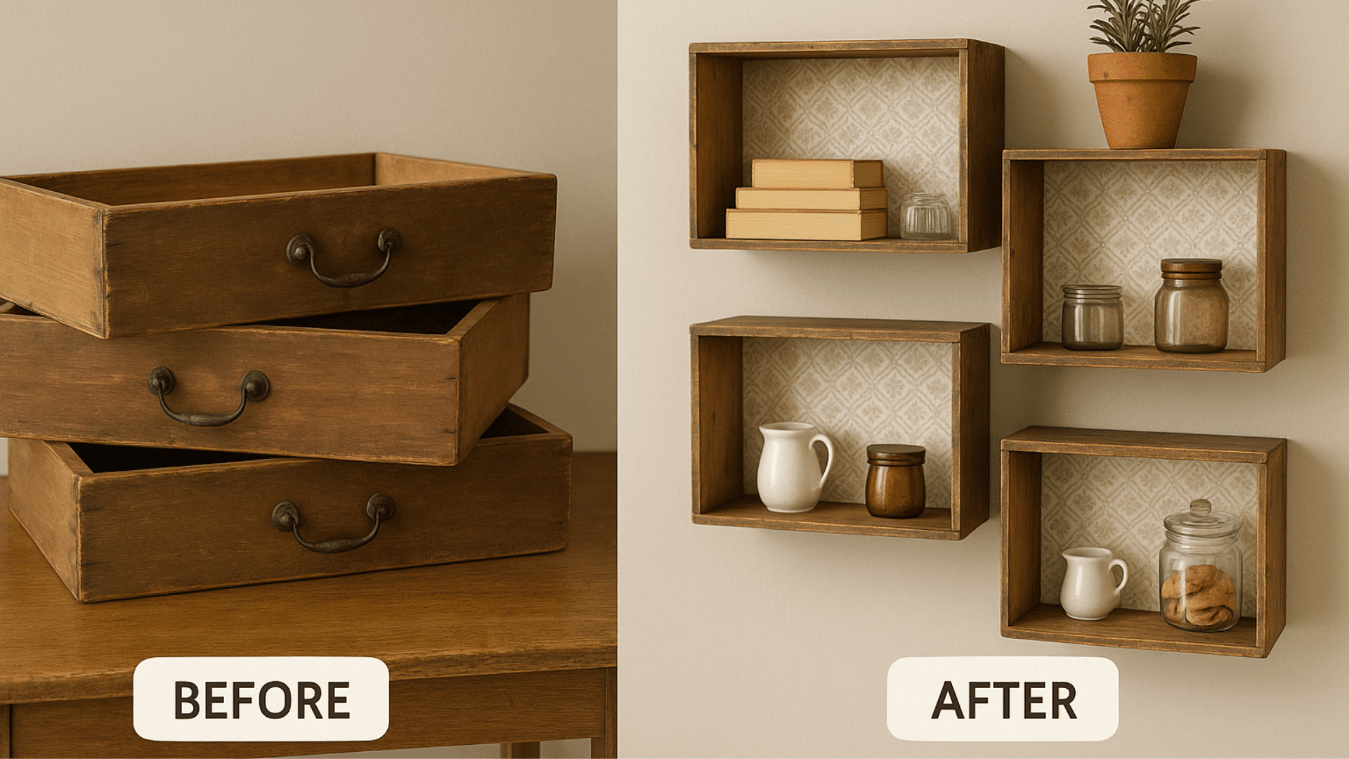 old drawers turned wall mounted shelves