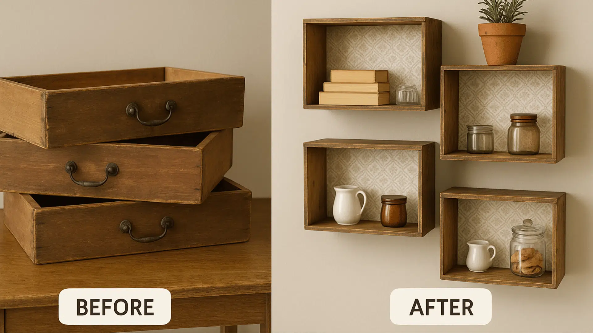 old drawers turned wall mounted shelves
