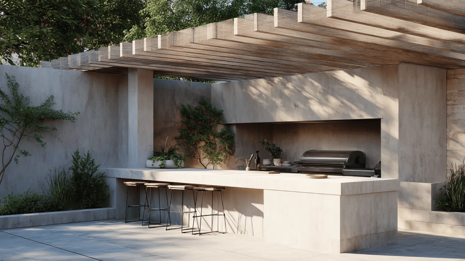 outdoor kitchen with bar seating and shade outdoor kitchen ideas