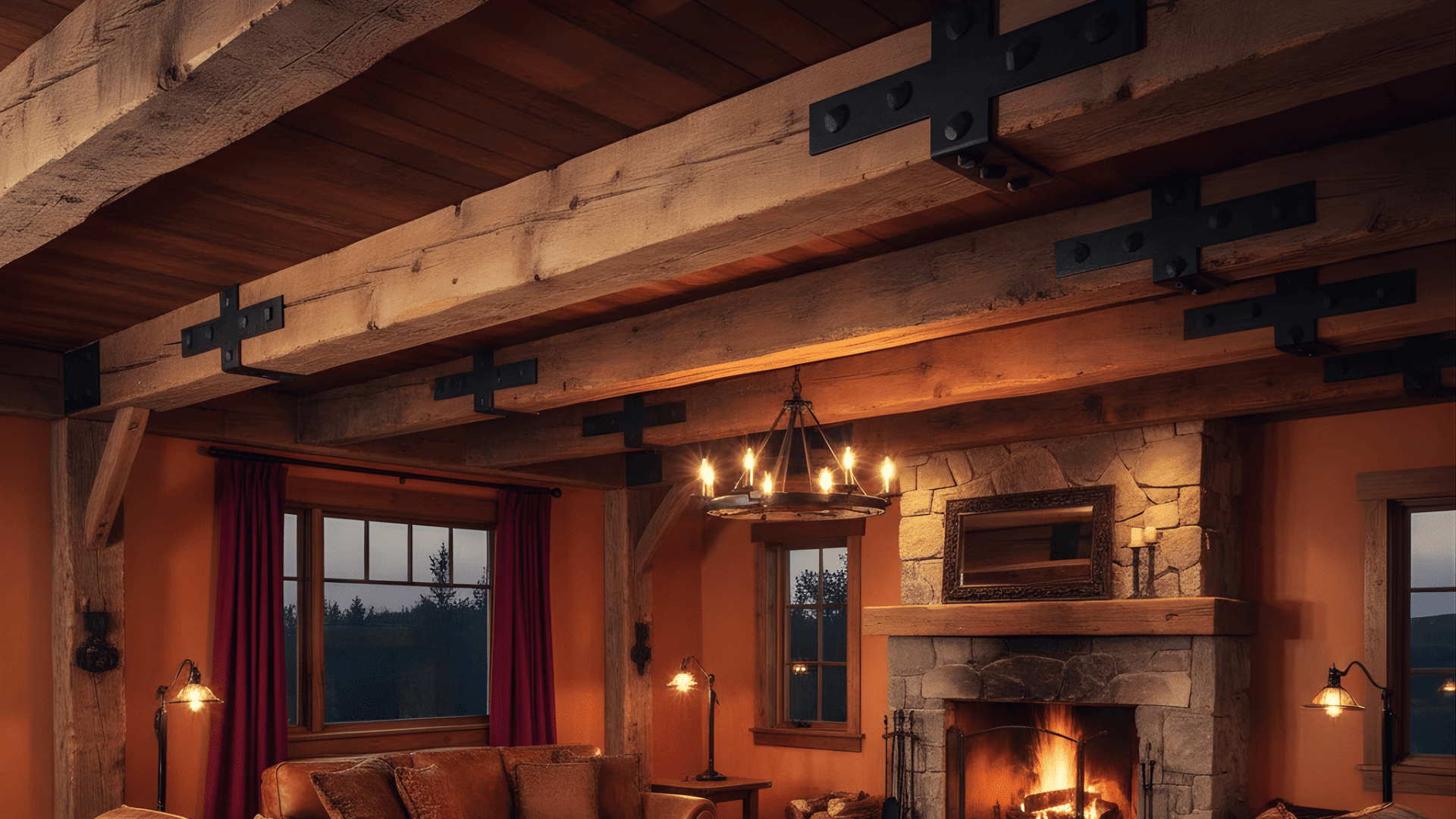 reclaimed barn beam ceiling with wrought iron accents