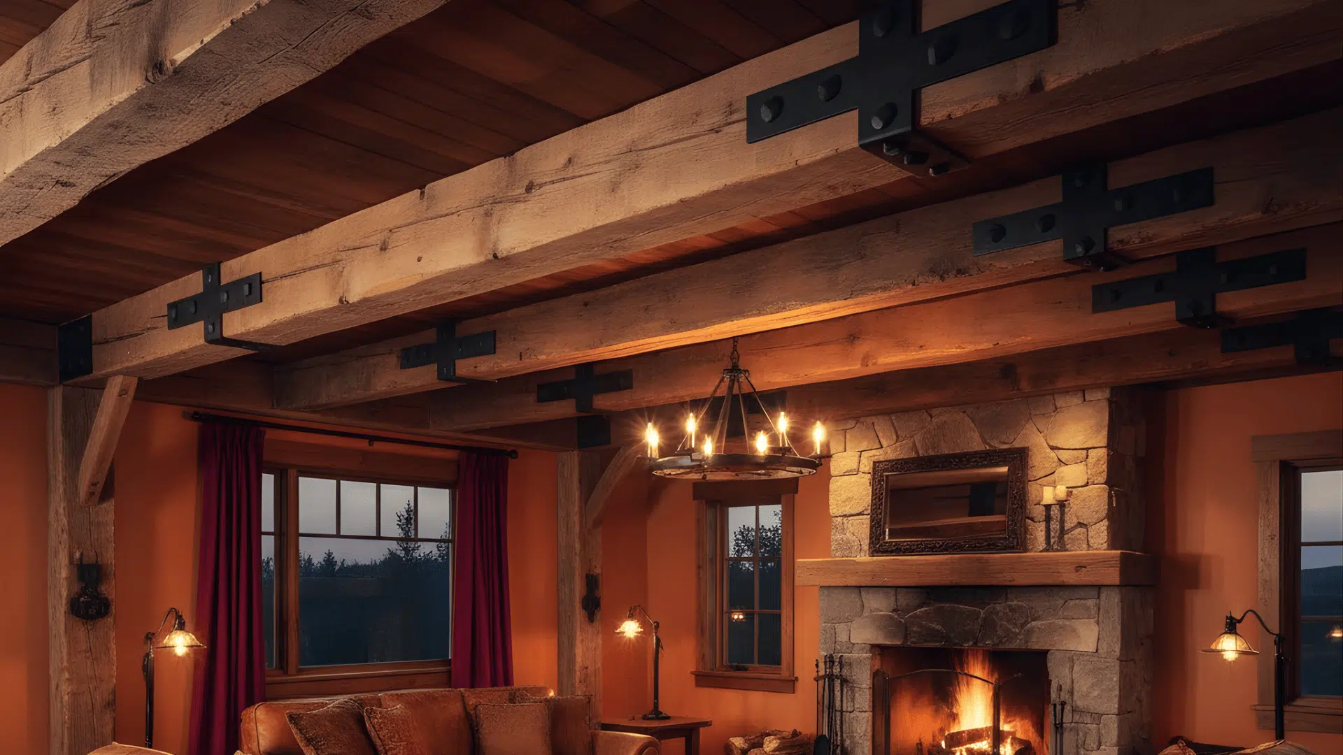 reclaimed barn beam ceiling with wrought iron accents