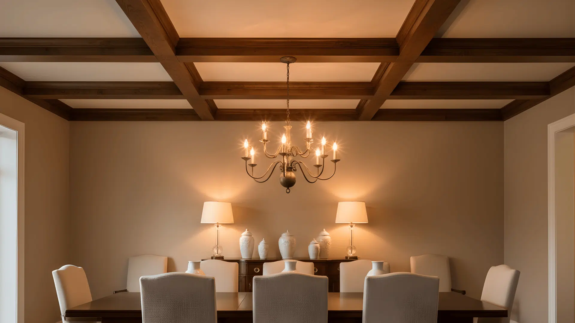 rich walnut beams in formal dining rooms