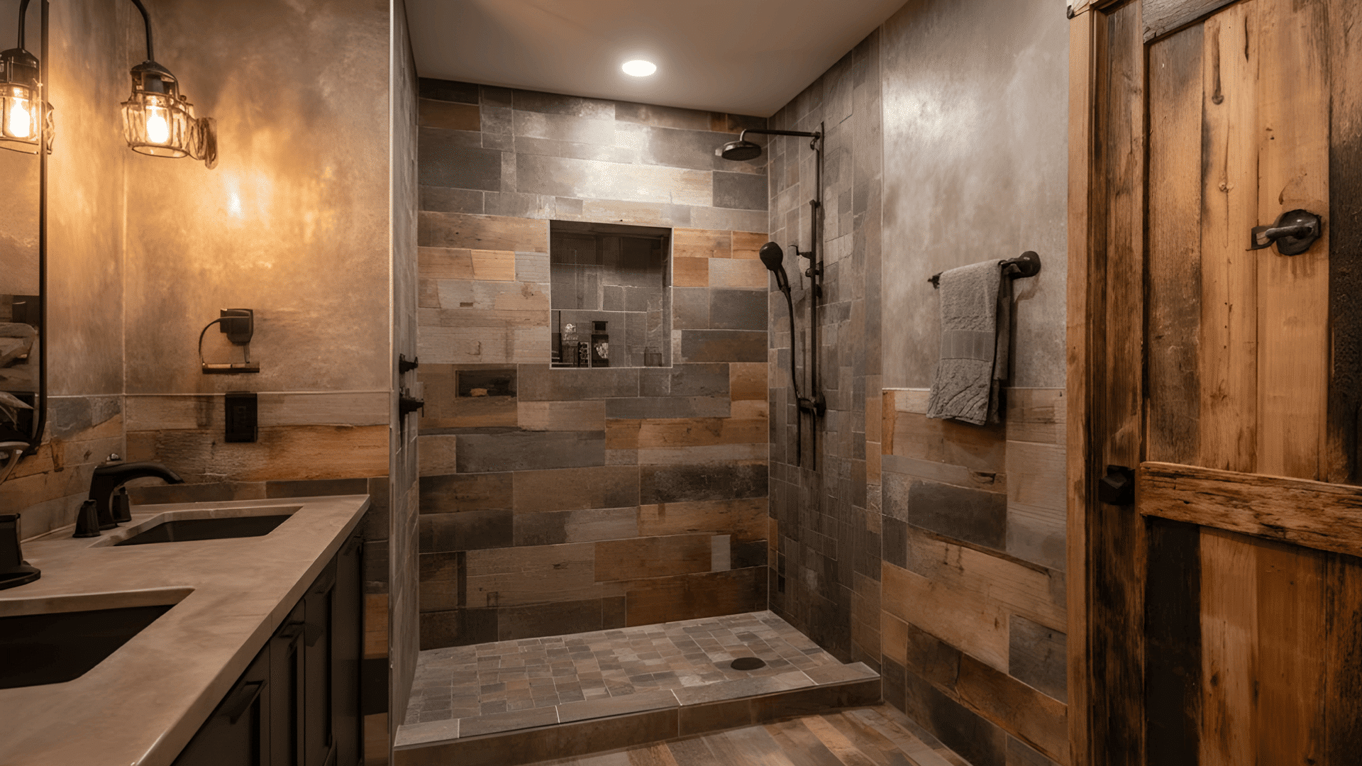 rustic walk in shower with wood look tile doorless walk in shower idea