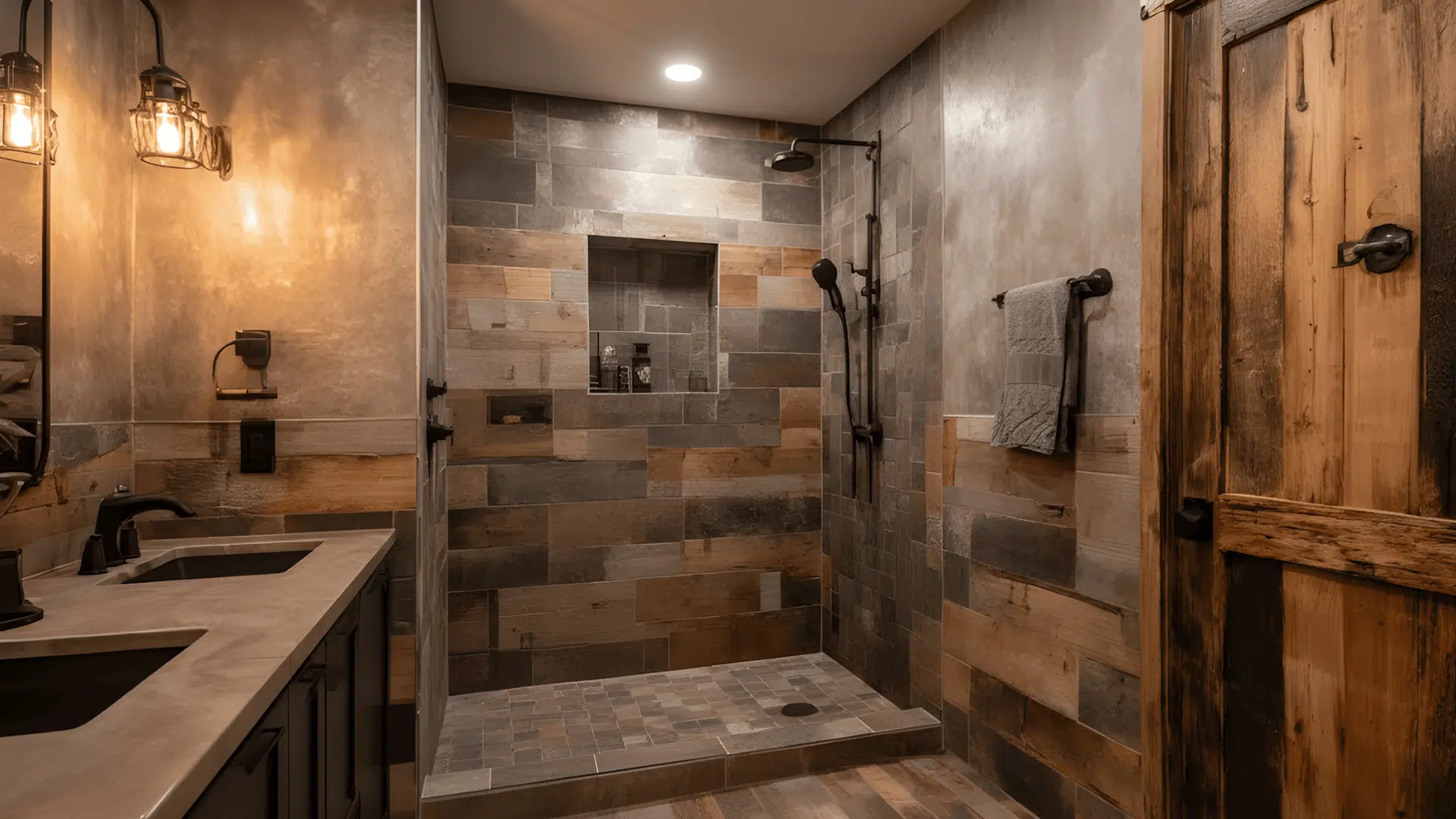 rustic walk in shower with wood look tile doorless walk in shower idea