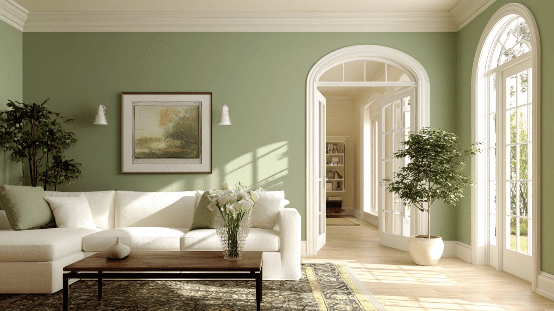 sage green walls off white trim