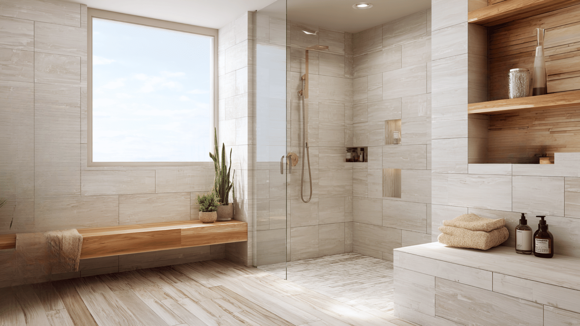 scandinavian wet room with light tiles and wood style accents
