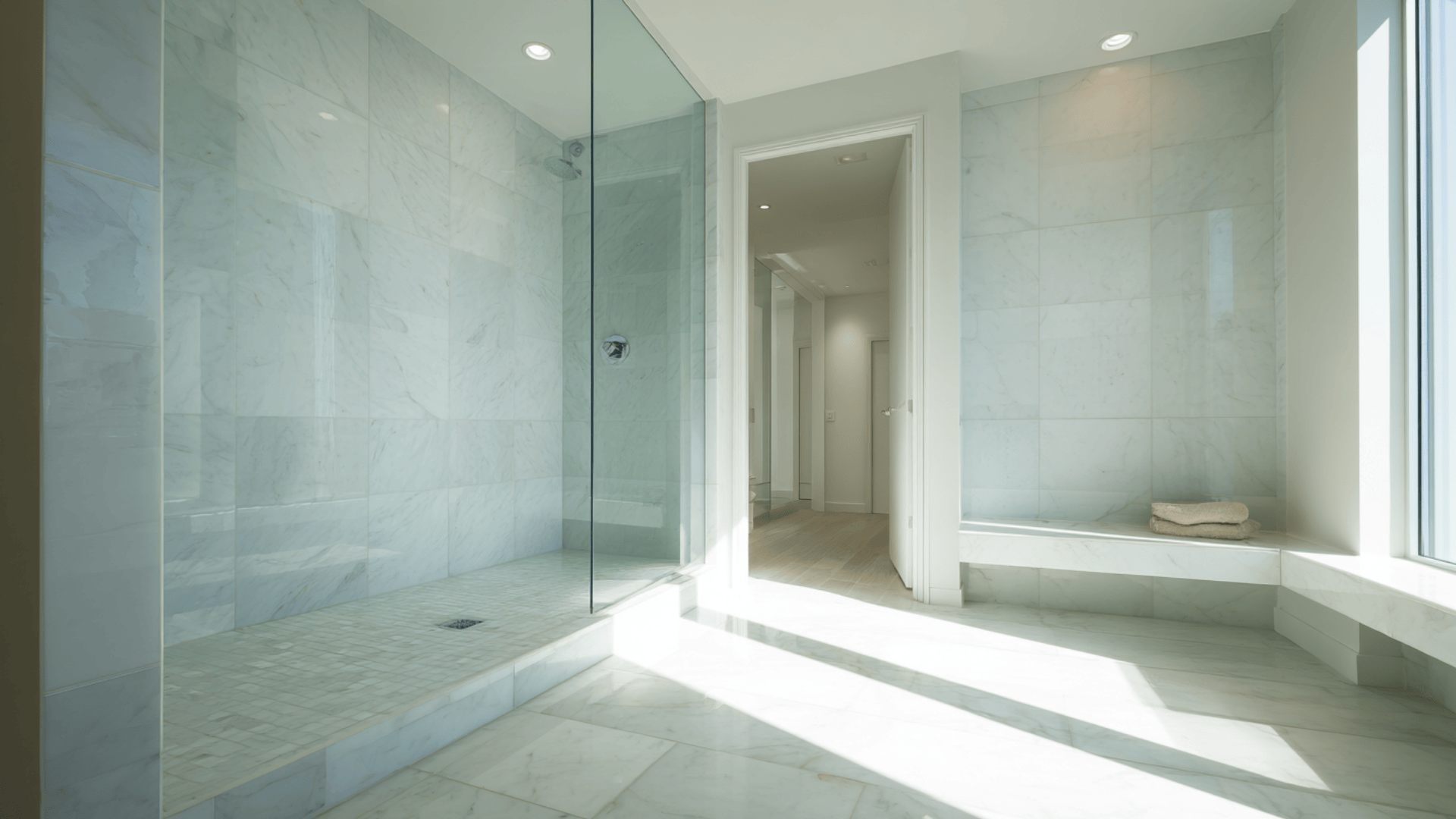 sleek minimalist shower with floor to ceiling tile doorless walk in shower idea